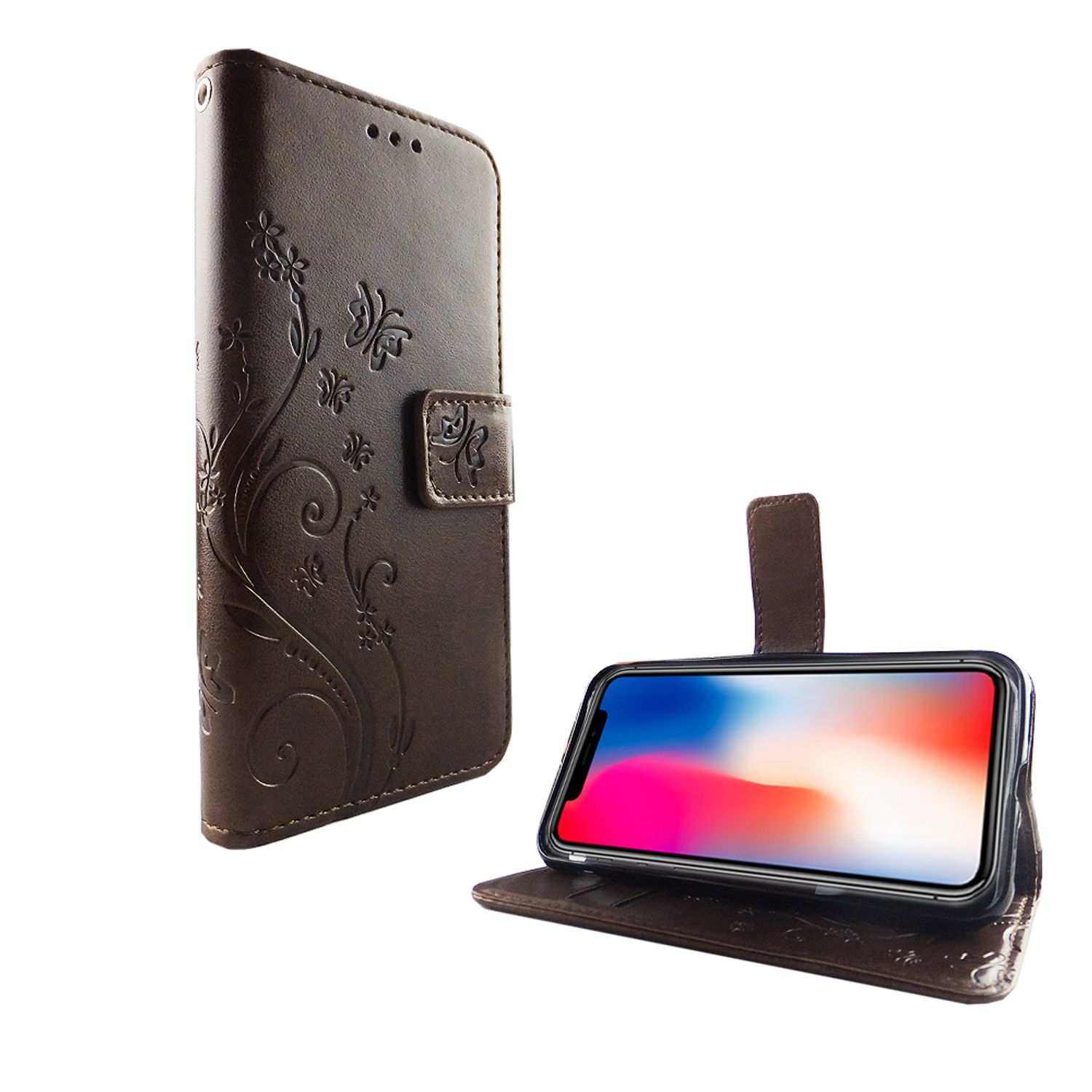 Braune Handyhülle mit Blumendetails, geöffnet, Telefon innen, weißer Hintergrund.