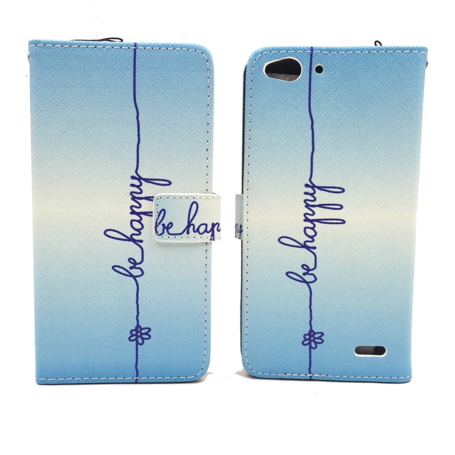 Blaue Handyhülle mit "be happy" Schriftzug. Blumen-Grafik unten.