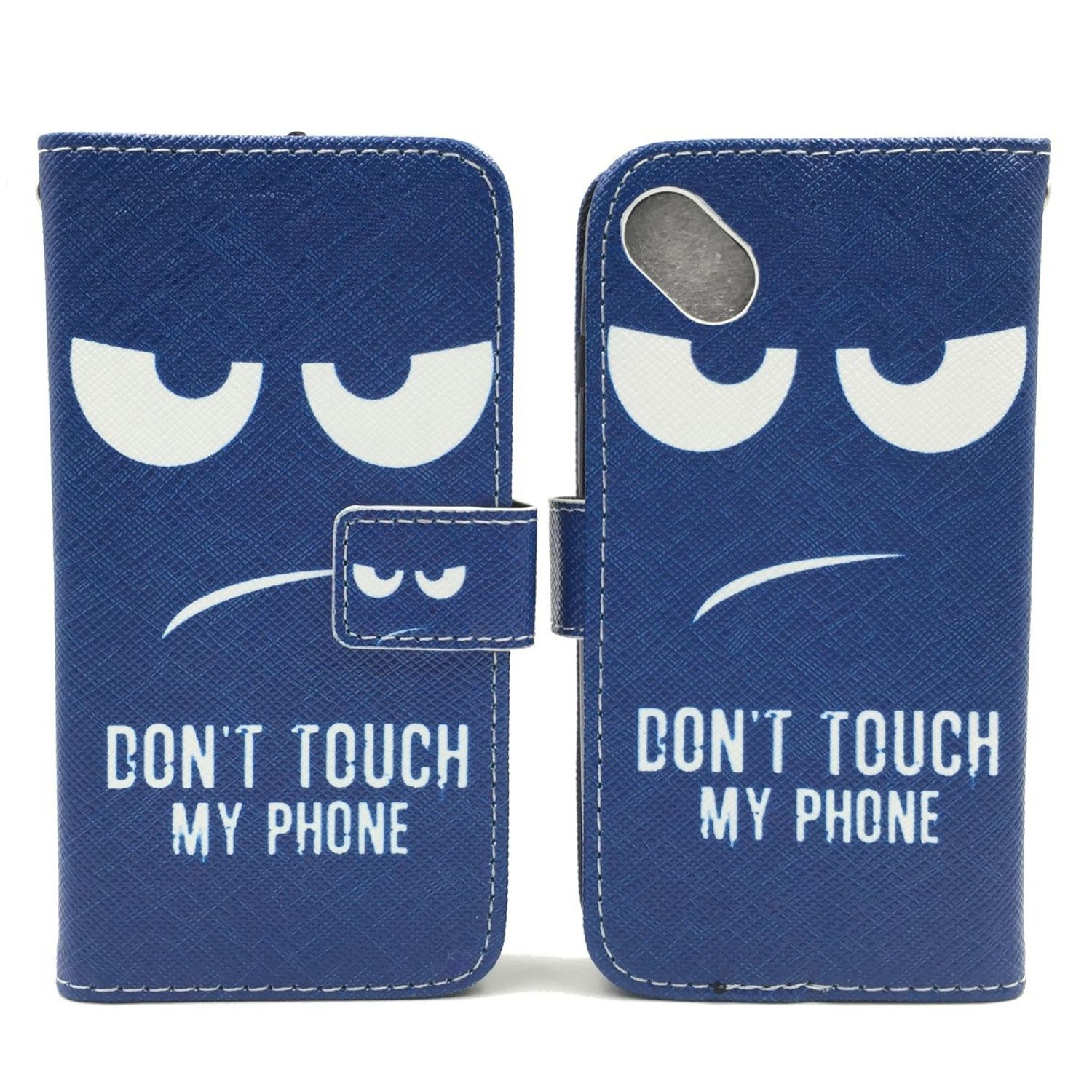 Blaue Handyhülle mit "DON'T TOUCH MY PHONE" Text, offen. Auf weißem Hintergrund.