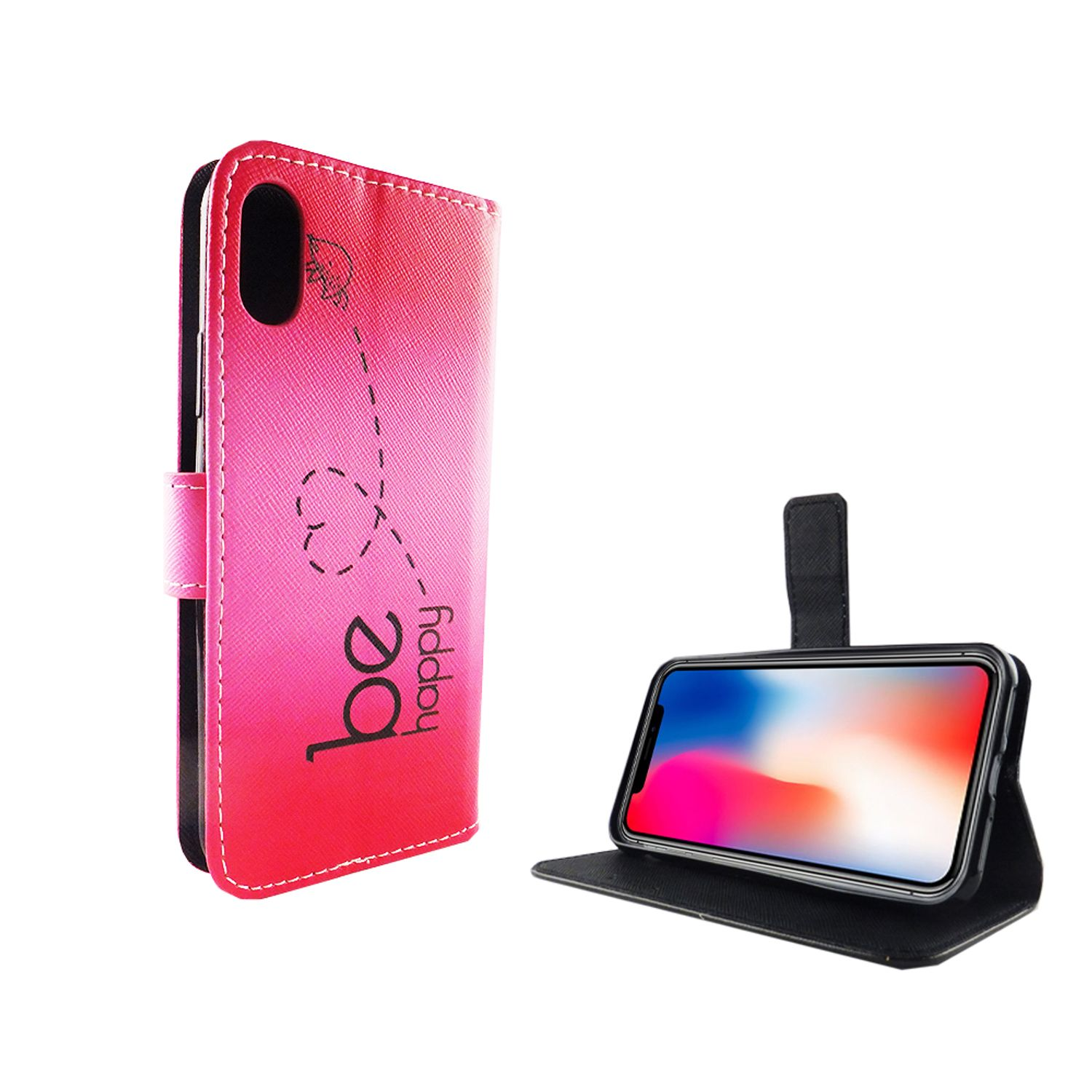 Rosa-rotes Handycase mit Telefon. Das Case ist offen. Der Telefonbildschirm zeigt farbiges Bild.