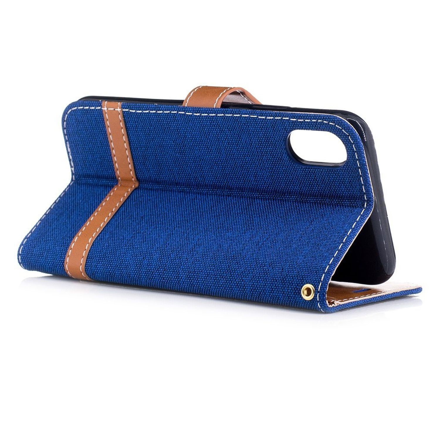 Blaue Handyhülle mit Canvas-Textur, offen, zeigt das Telefon und einen braunen Streifen.