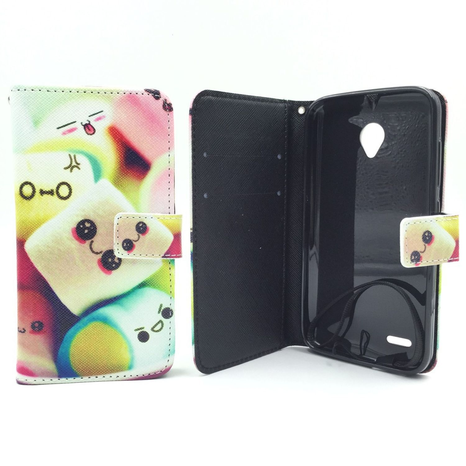 Handyhülle mit Marshmallow-Design, offen, um das Telefon zu zeigen. Hülle und Telefon sind sichtbar.