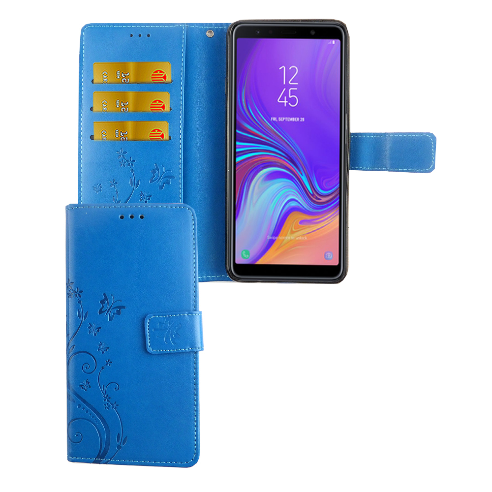 Blaue Handyhülle mit Blumendesign und einem Telefon. Die Hülle ist offen mit Kartenfächern.