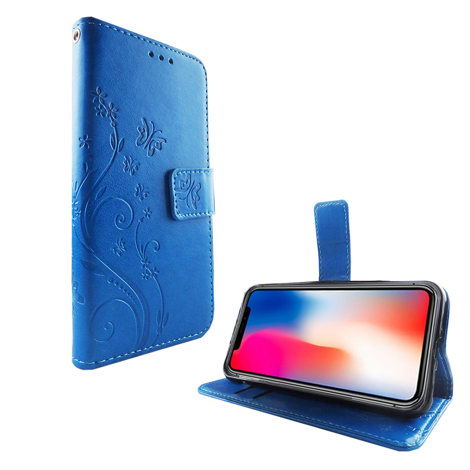 Blaue Handyhülle mit floralem Design. Ein Telefon ist darin. Weißer Hintergrund.