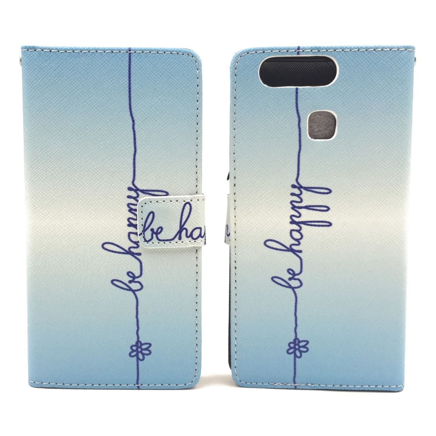 Blaue Handyhülle, offen mit „be happy“ drauf und einer Blume. Weißer Hintergrund.