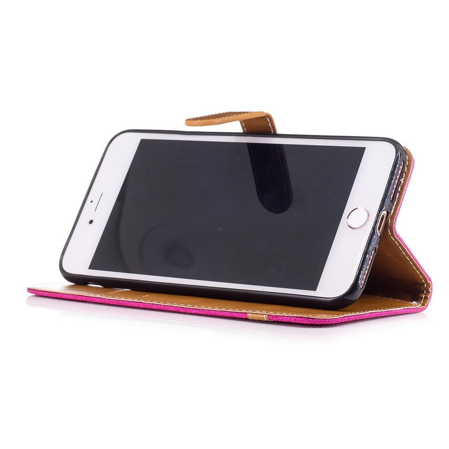 Telefon in einem rosa-braunen Case, offen. Auf einer weißen Oberfläche.