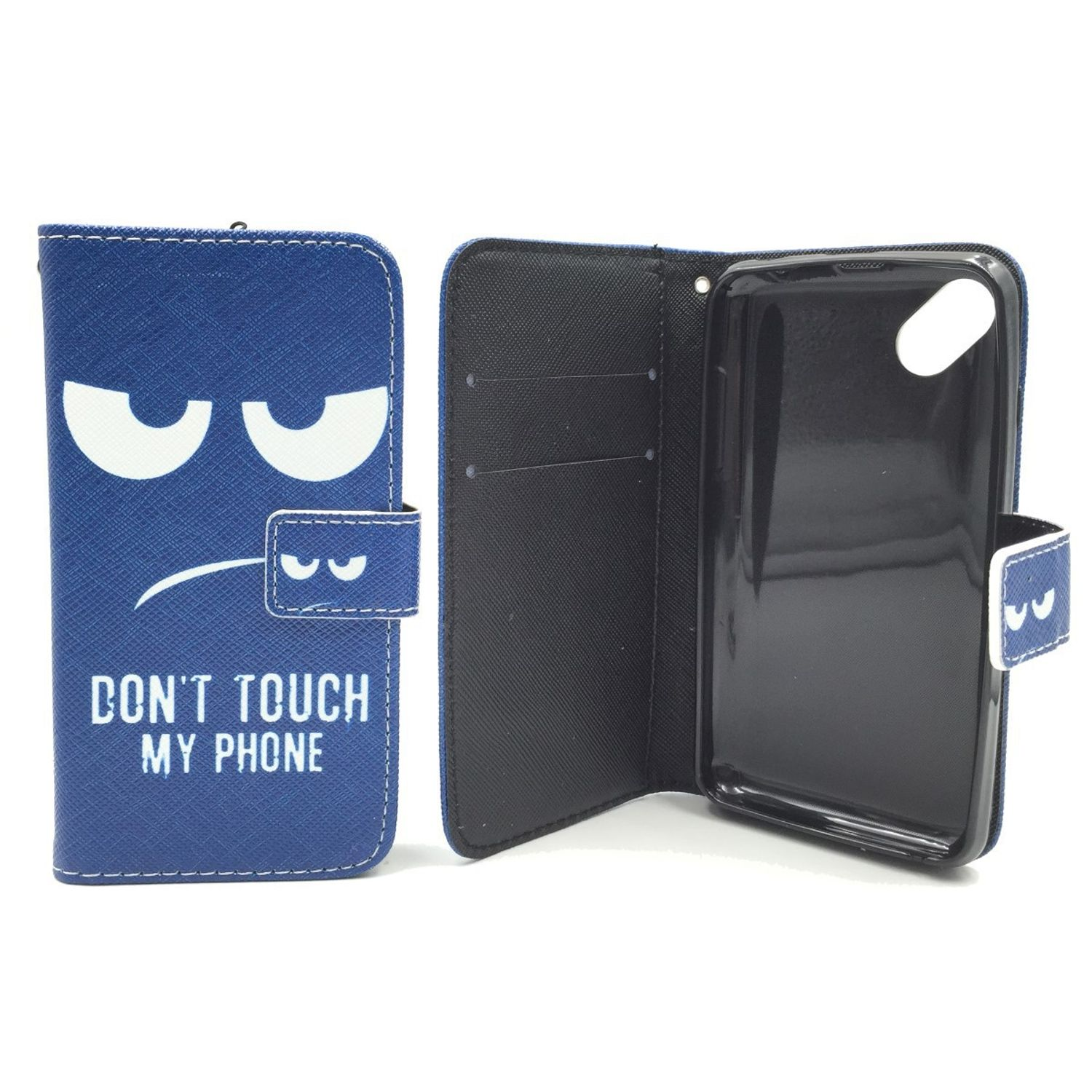 Blaues Handycase offen, mit Cartoon-Gesicht und Text 'DON'T TOUCH MY PHONE'. Schwarzes Innenleben.