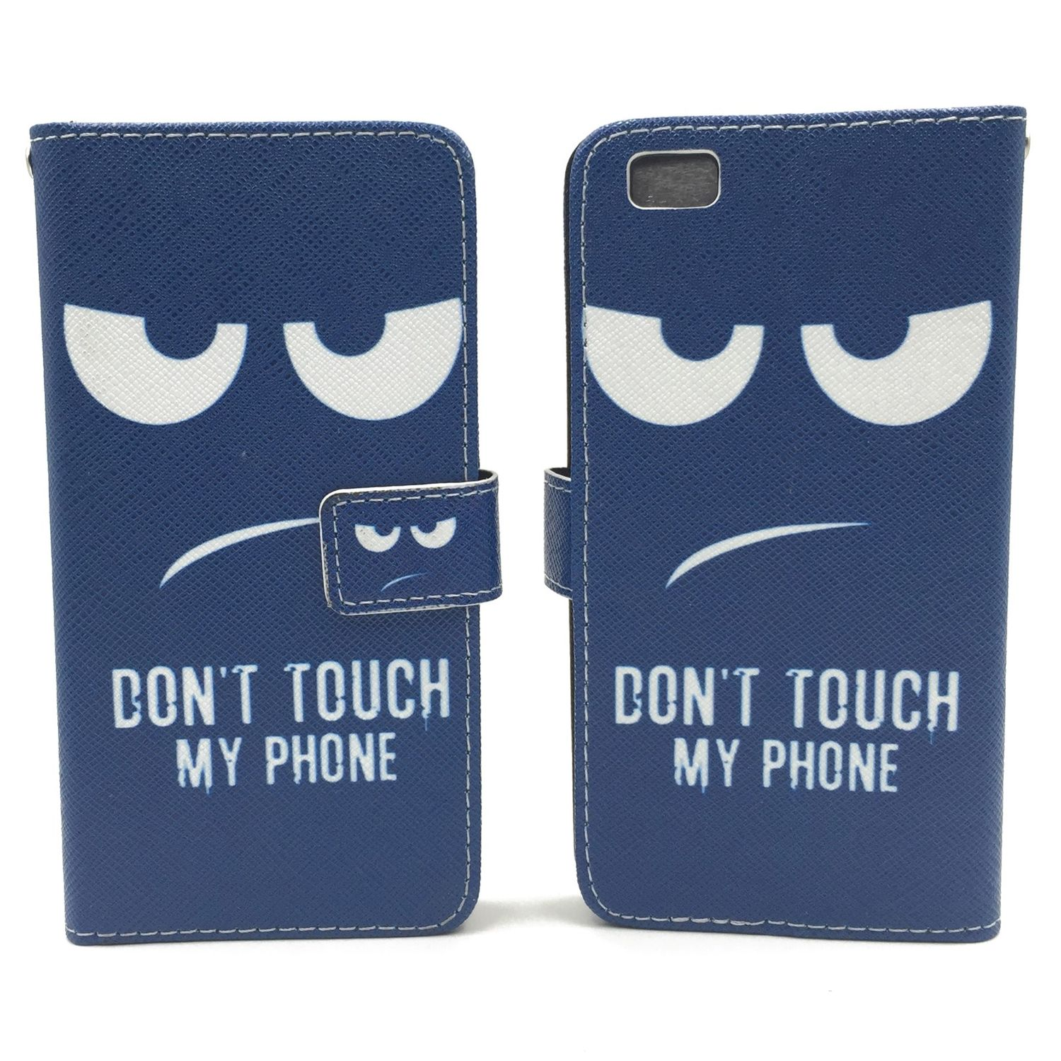 Blaue Handyhüllen mit wütendem Gesicht und Text "DON'T TOUCH MY PHONE".