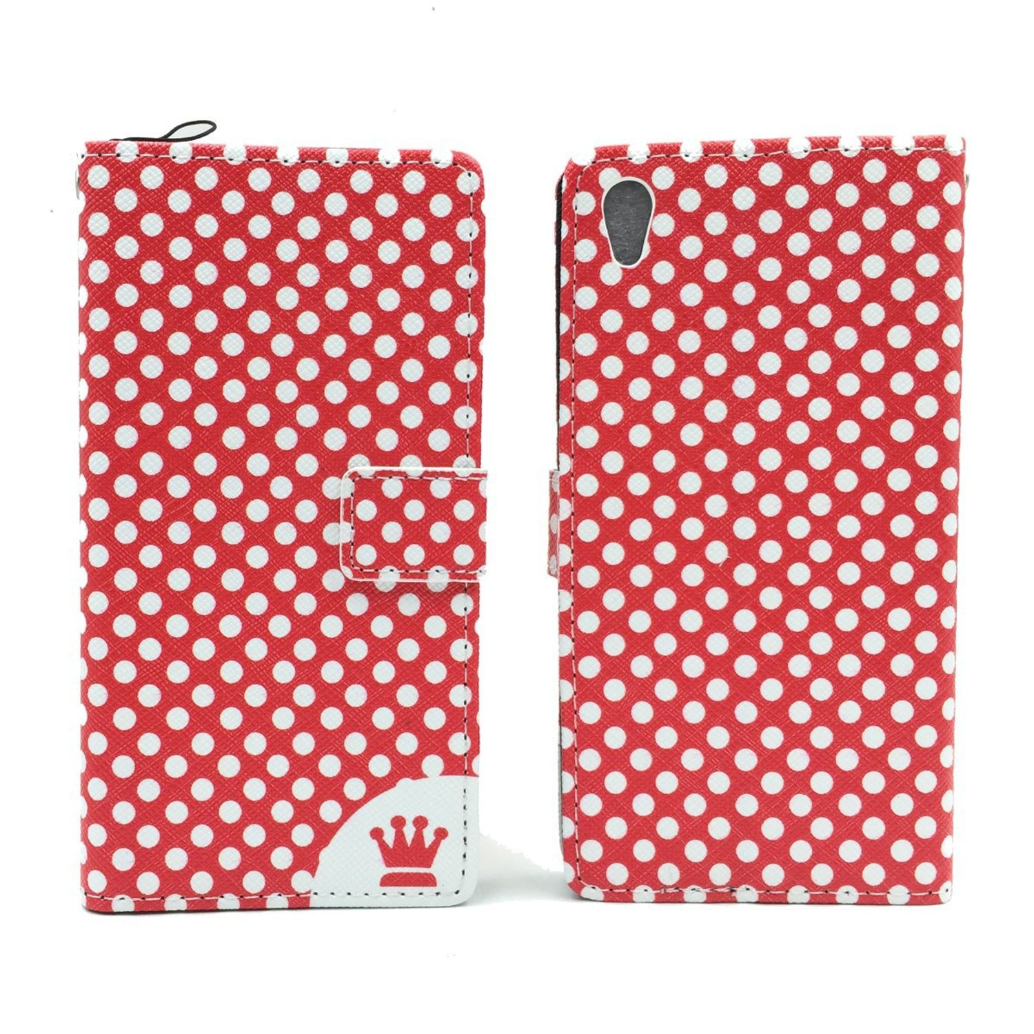 Rote und weiße Polka-Dot-Handyhülle offen. Polka Dots auf der Vorderseite.