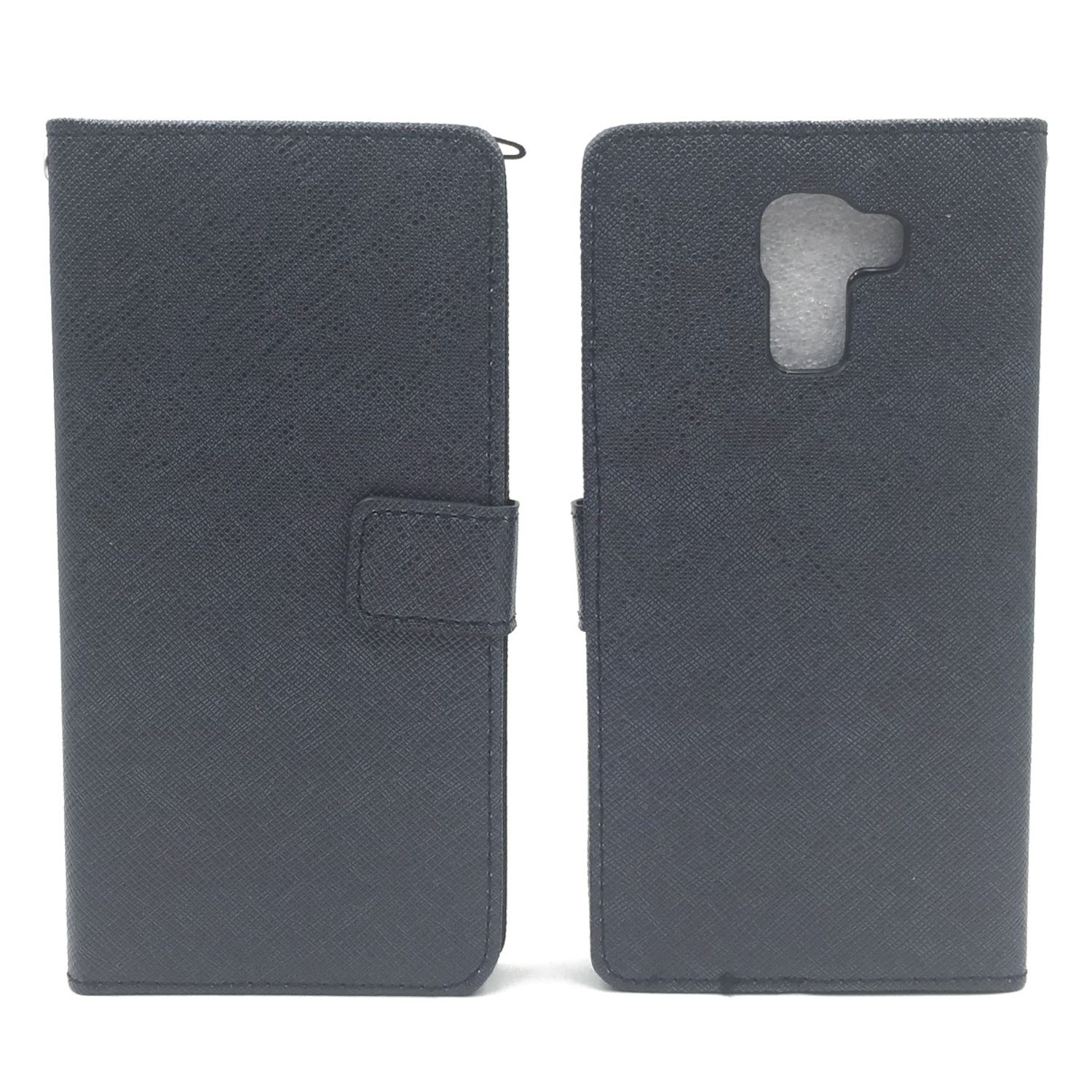 Offene schwarze Handyhülle. Die Hülle ist schwarz. Sichtbare Aussparungen für Kamera und Telefon.