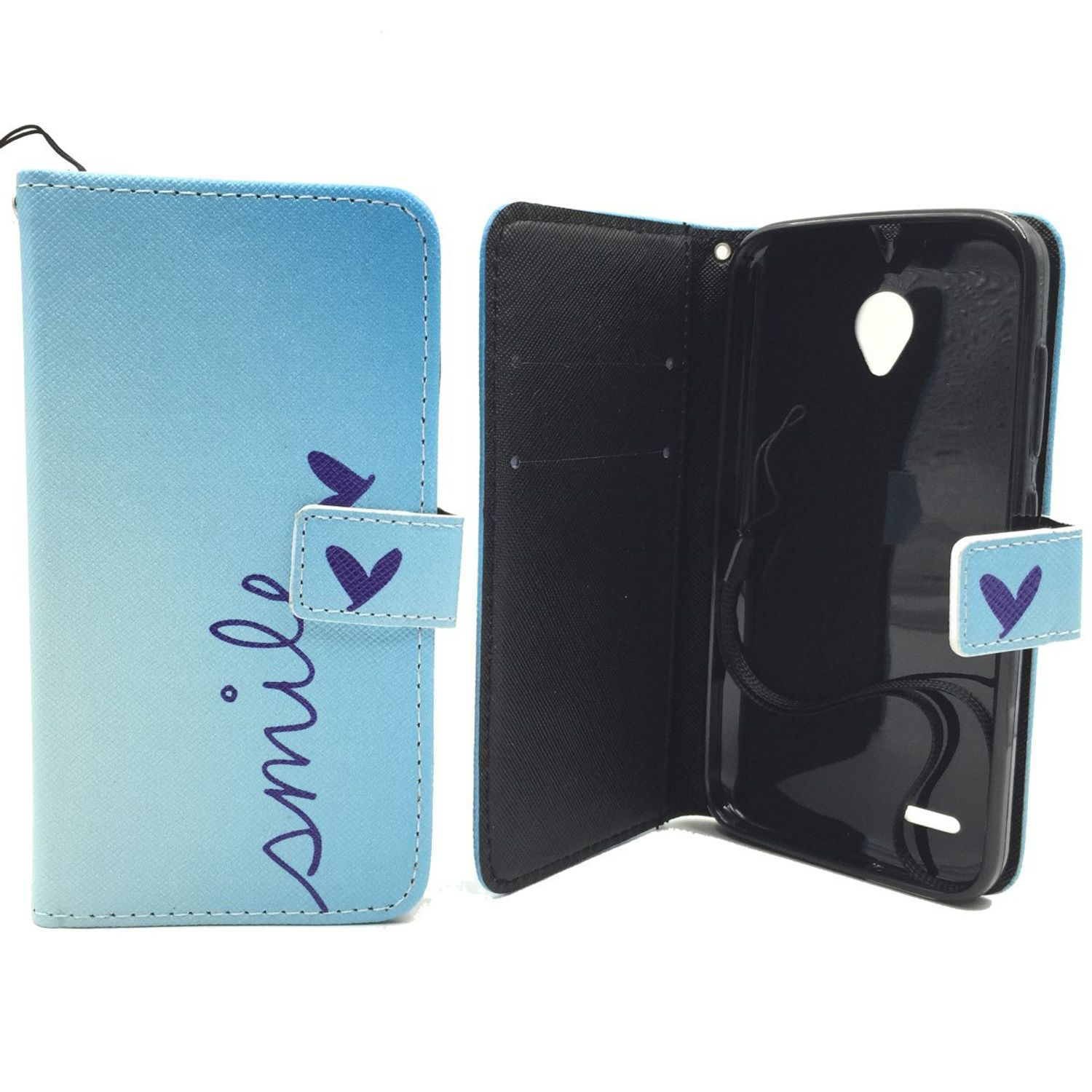 Eine blaue Handyhülle mit dem Wort 'Lächeln' und Herzen auf der Vorderseite, geöffnet, um das Telefon zu zeigen.