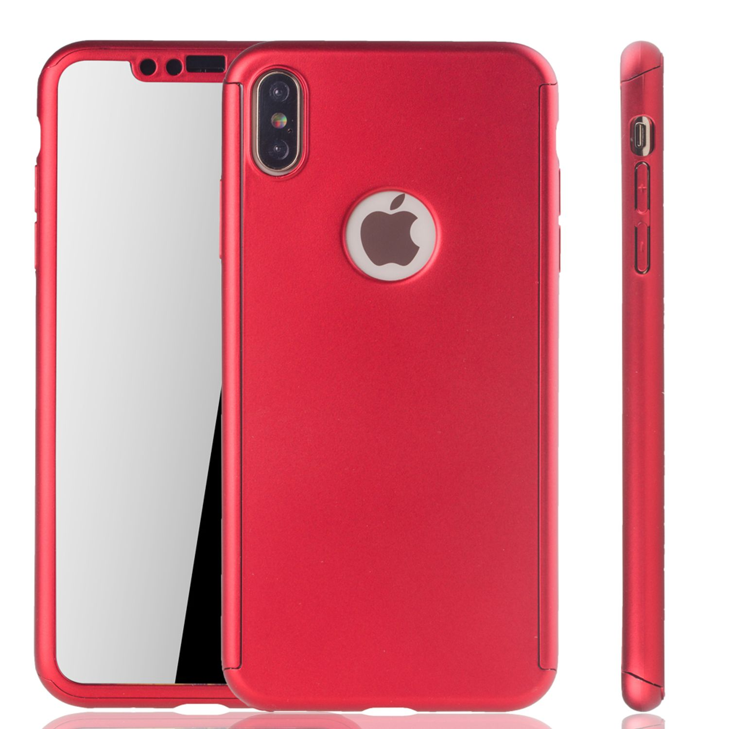 Rote Handyhülle mit Apple-Logo. Telefon links. Hülle rechts. Hat einen Displayschutz.
