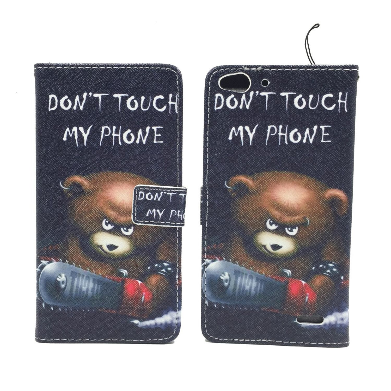 Handyhülle mit wütendem Bär, Text 'DON'T TOUCH MY PHONE'.