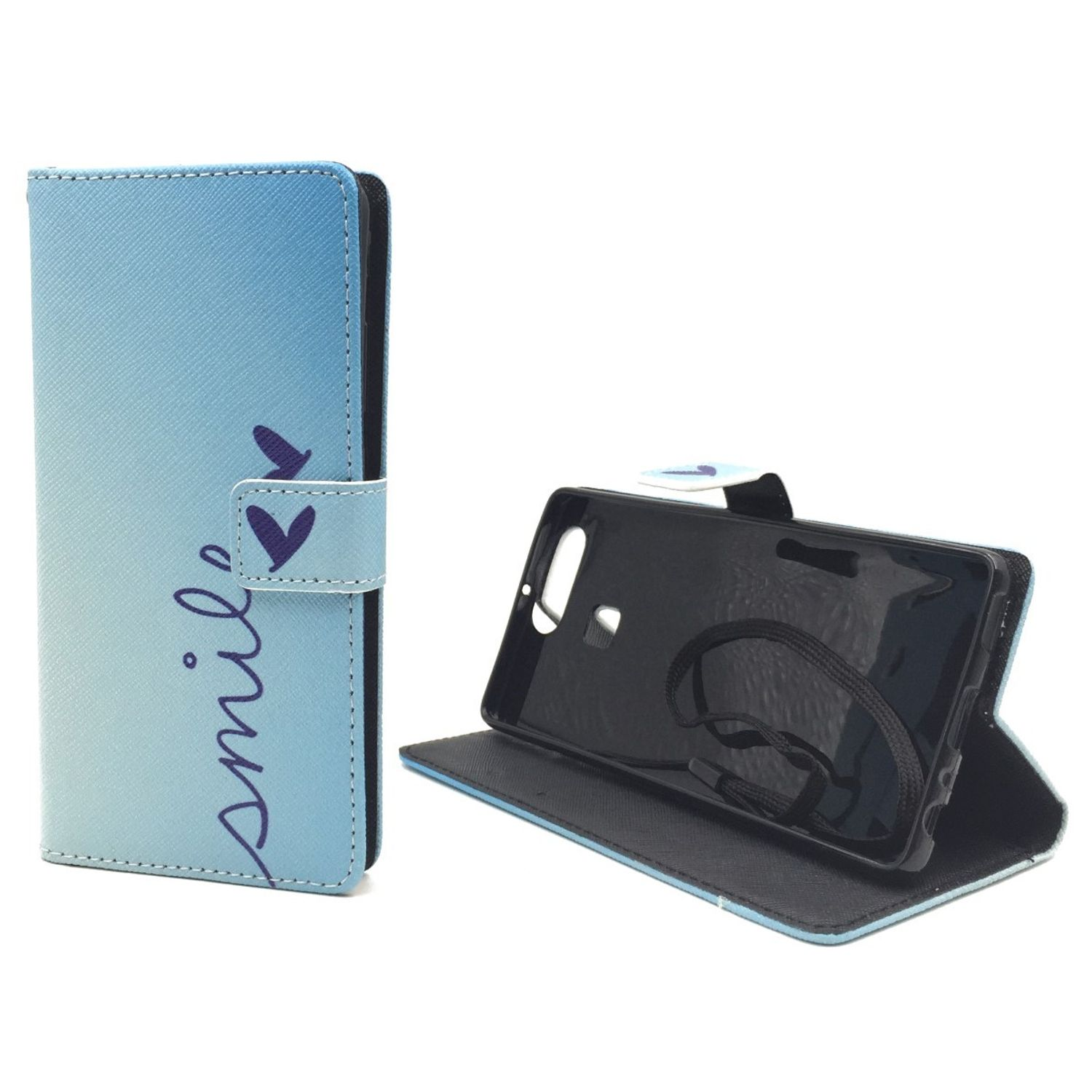 Blaues Ombre-Handycase mit 'Lächeln'-Text. Rechts: Telefon innen, mit Riemen, offen.
