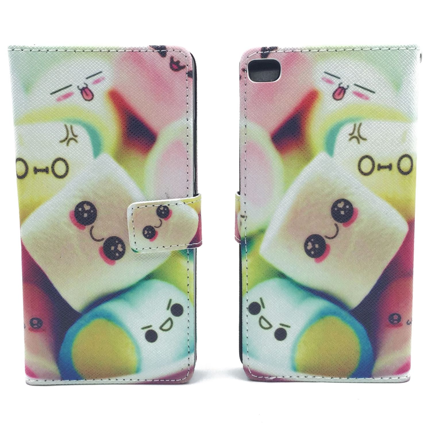Niedliche Handyhülle mit Marshmallow-Design und Cartoon-Gesichtern.