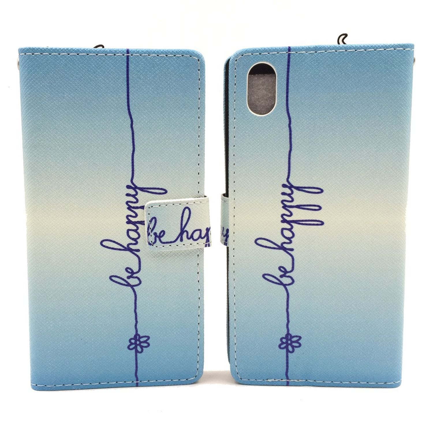 Blaues Ombre-Handycase mit Text, offen. Weißer Hintergrund.
