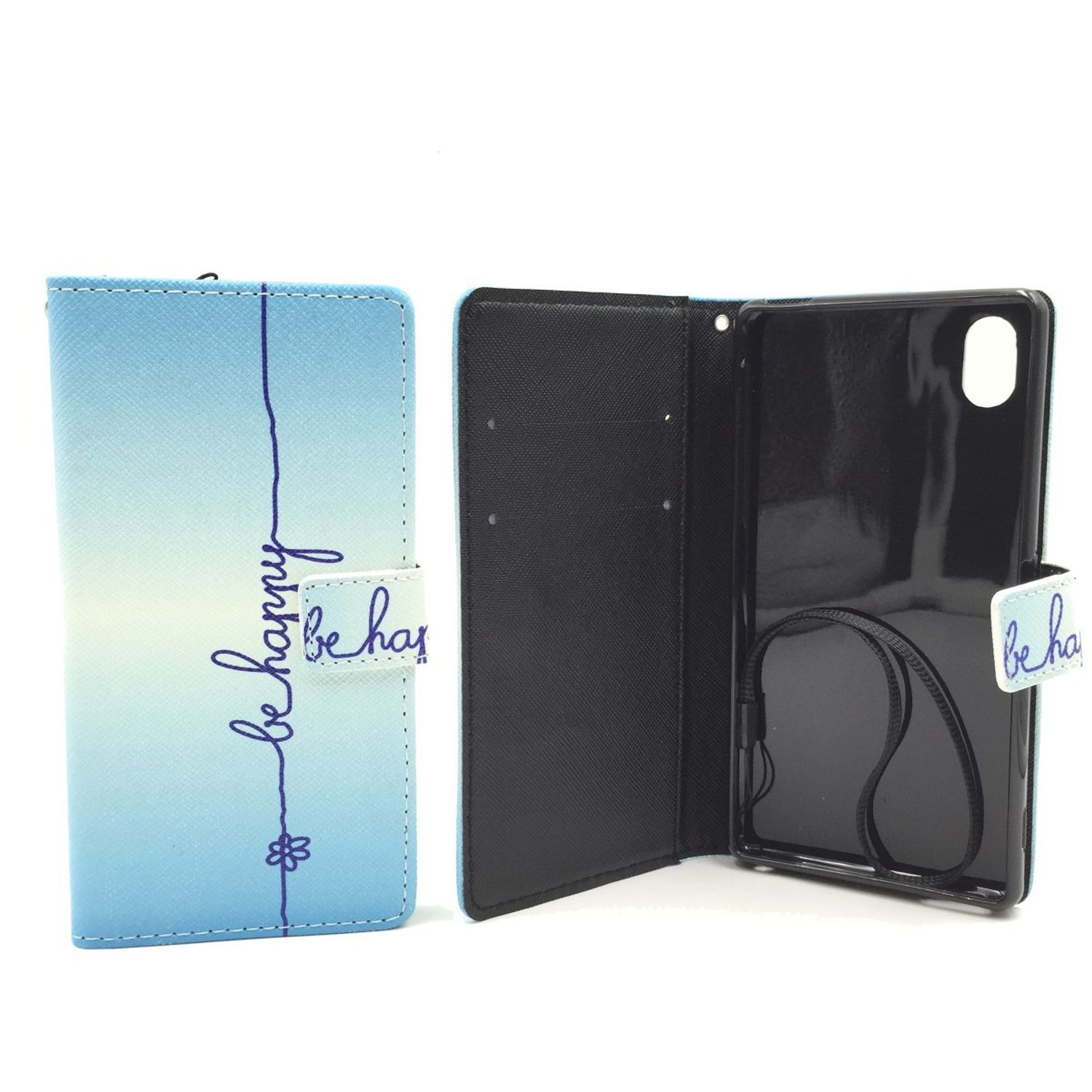 Blaue Handyhülle mit dem Schriftzug 'be happy'. Offen: schwarze Innenseite, Telefonhalter. Geschlossen: Verschluss.