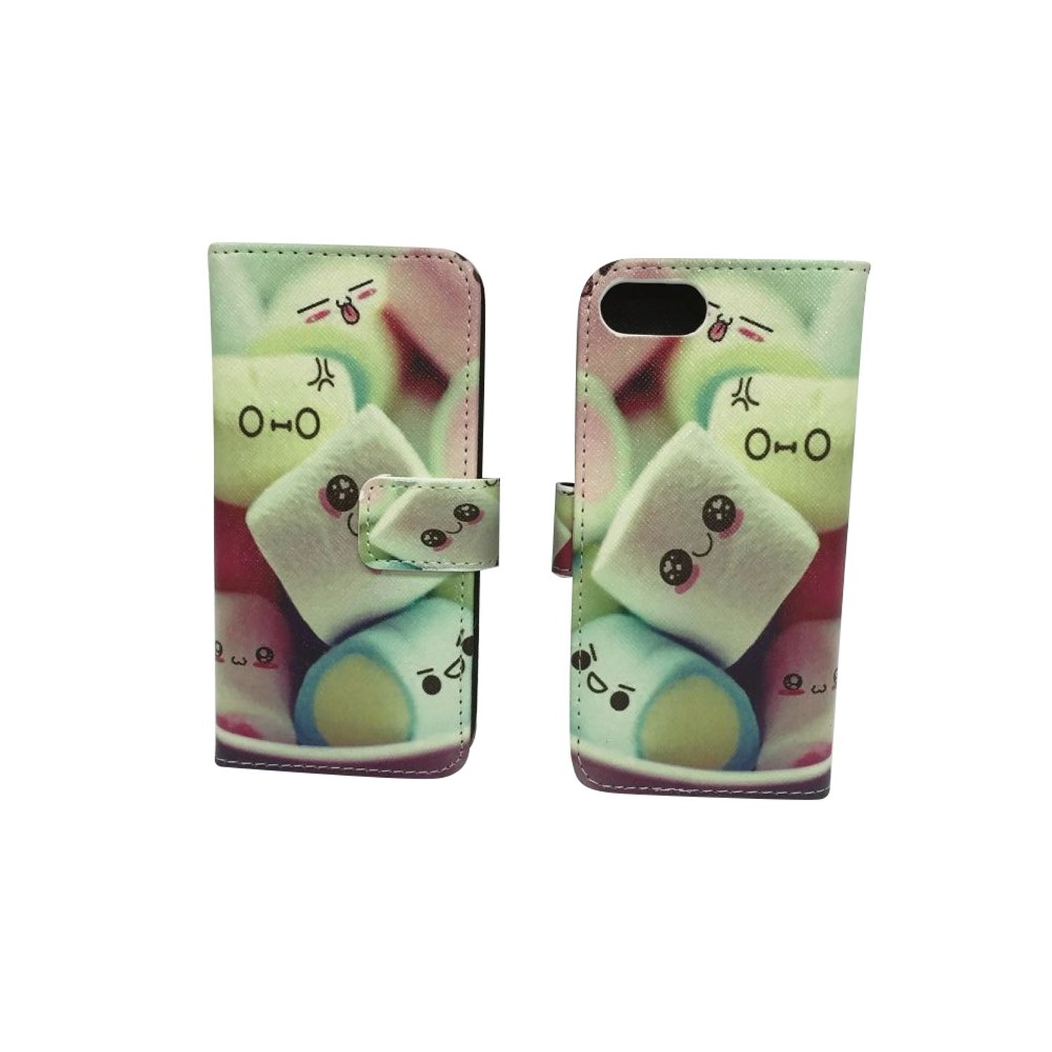 Handyhülle mit Marshmallow-Design, geöffnet. Marshmallows mit Gesichtern, in Pink, Weiß und Blau.