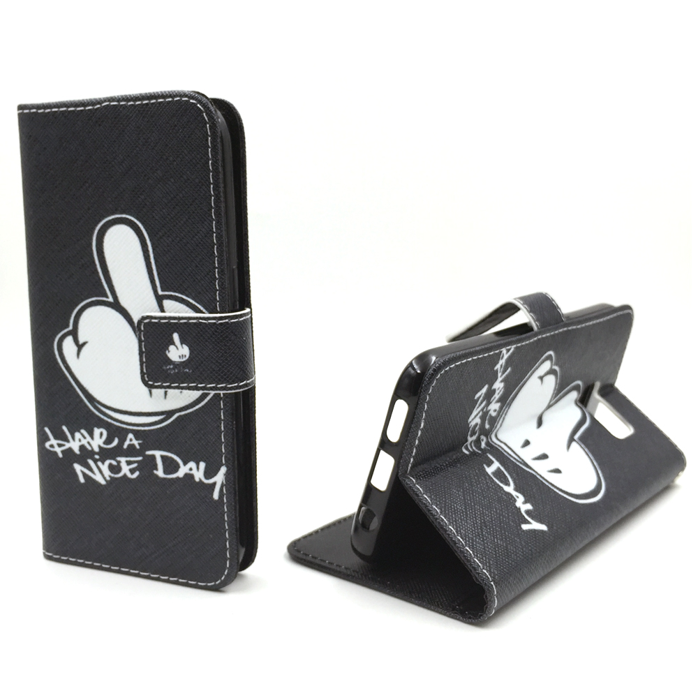 Schwarze Handyhülle mit Handgesten-Design und Text 'HAVE A NICE DAY', weißer Hintergrund.