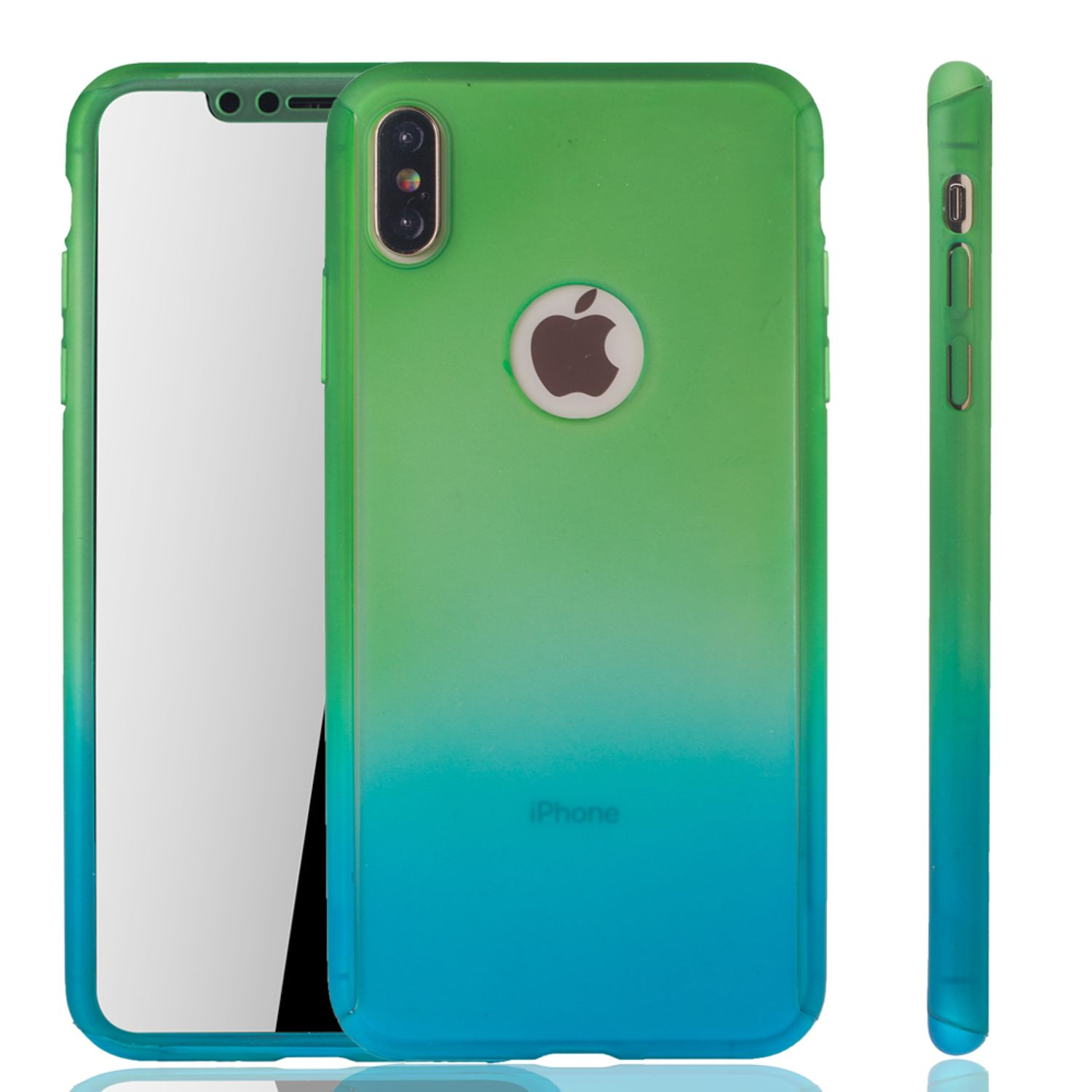 Eine Handyhülle mit Farbverlauf, grün zu blau. Das Telefon ist in der Hülle.