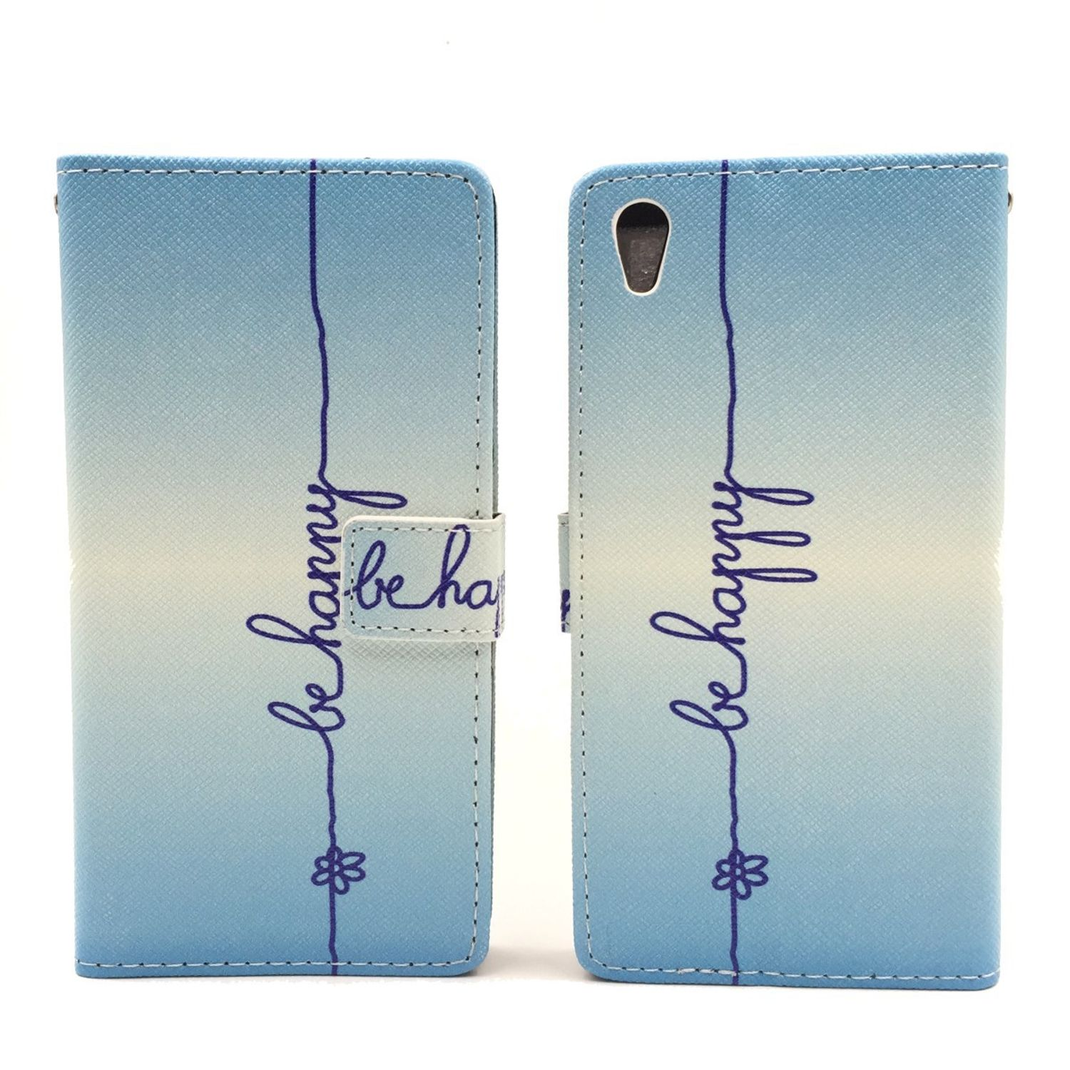 Blaue Handyhülle mit 'be happy' Text, Blume und Linie.
