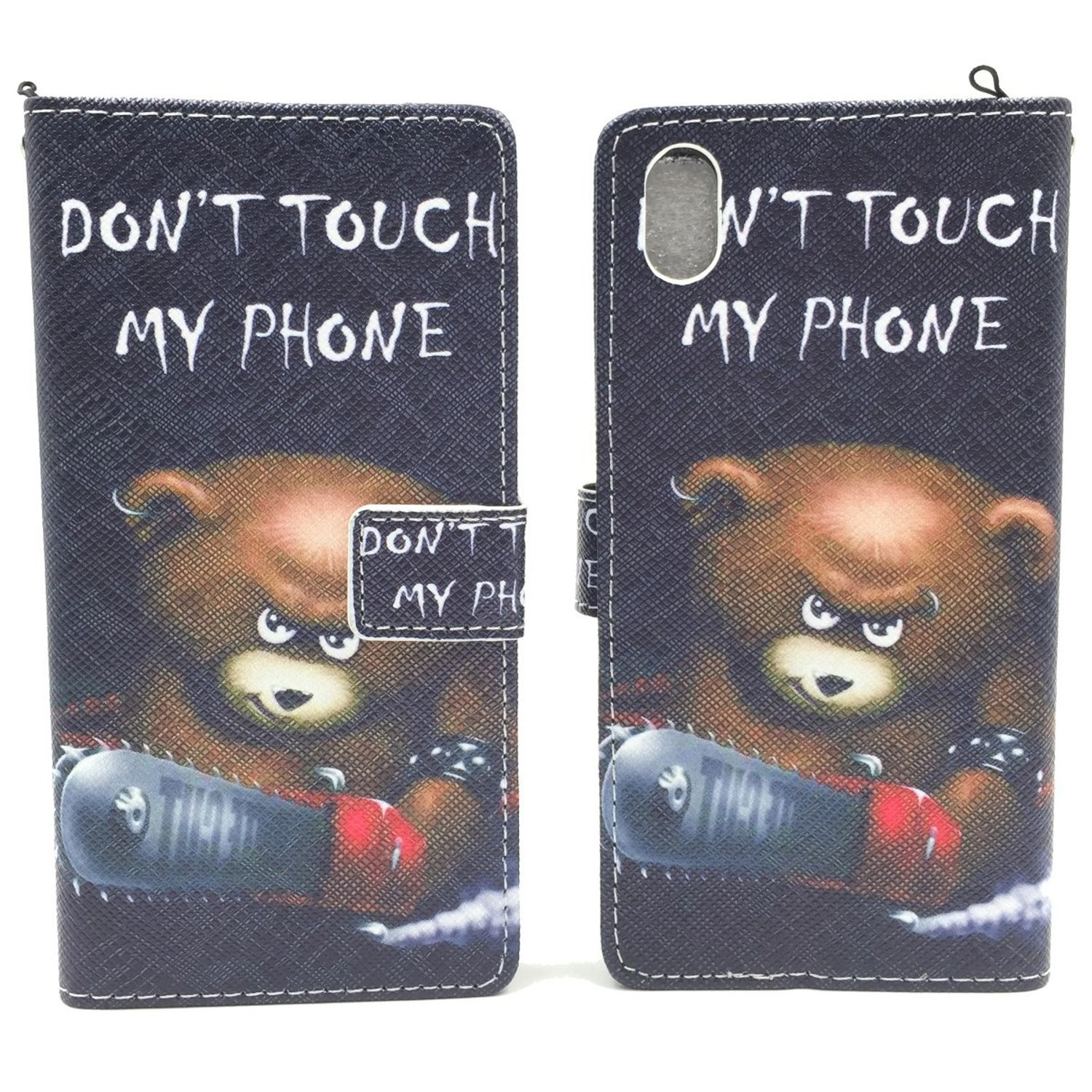 Eine Handyhülle mit einem Bären, der eine Waffe hält, und dem Text 'DON'T TOUCH MY PHONE'. Weißer Hintergrund.