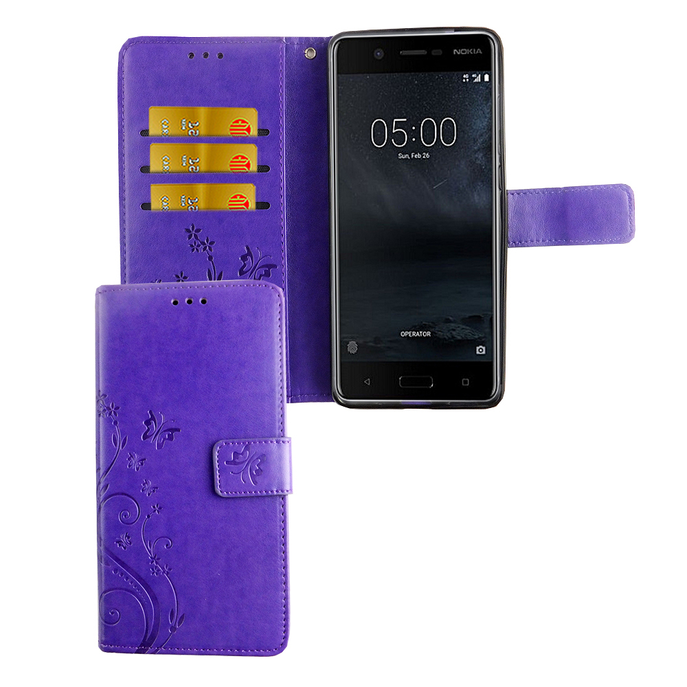 Lila Handyhülle mit floralem Design, Nokia-Telefon und Kreditkartenfächern.