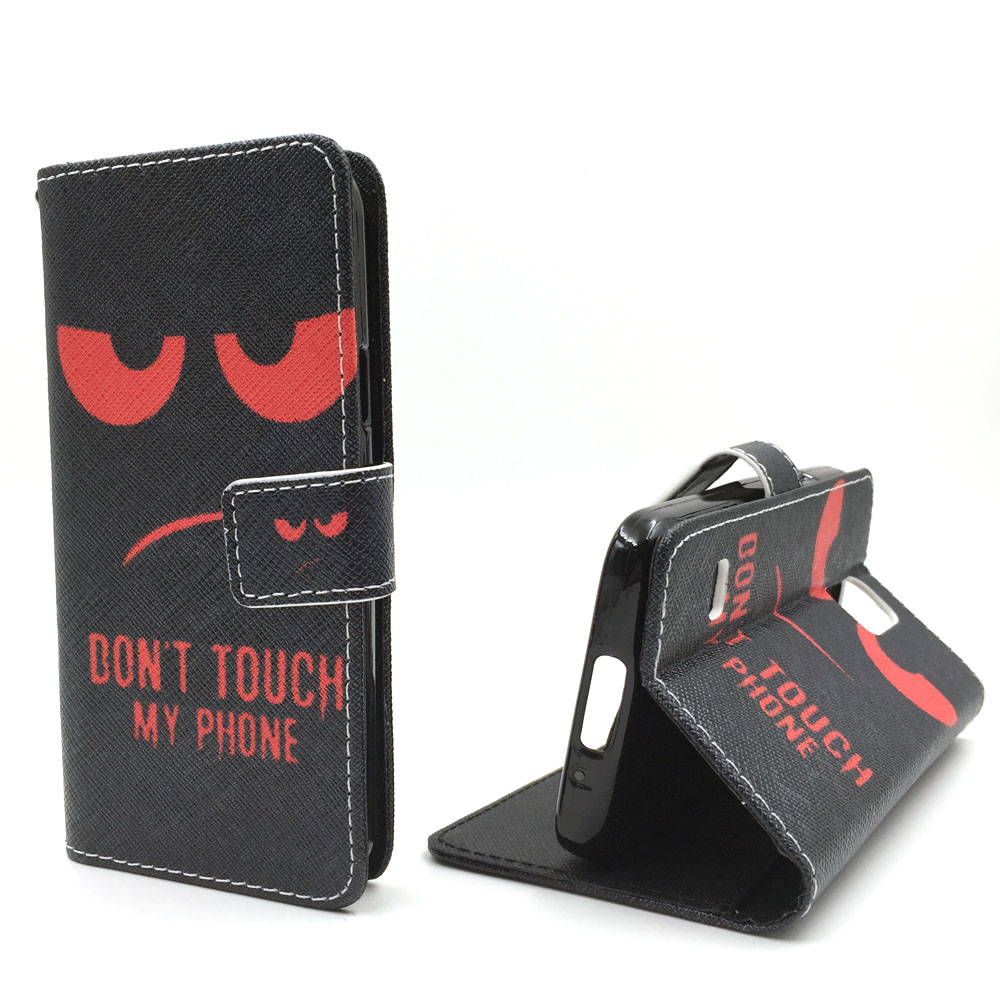 Schwarze Handyhülle mit rotem wütenden Gesicht und Text 'DON'T TOUCH MY PHONE', offen und geschlossen.