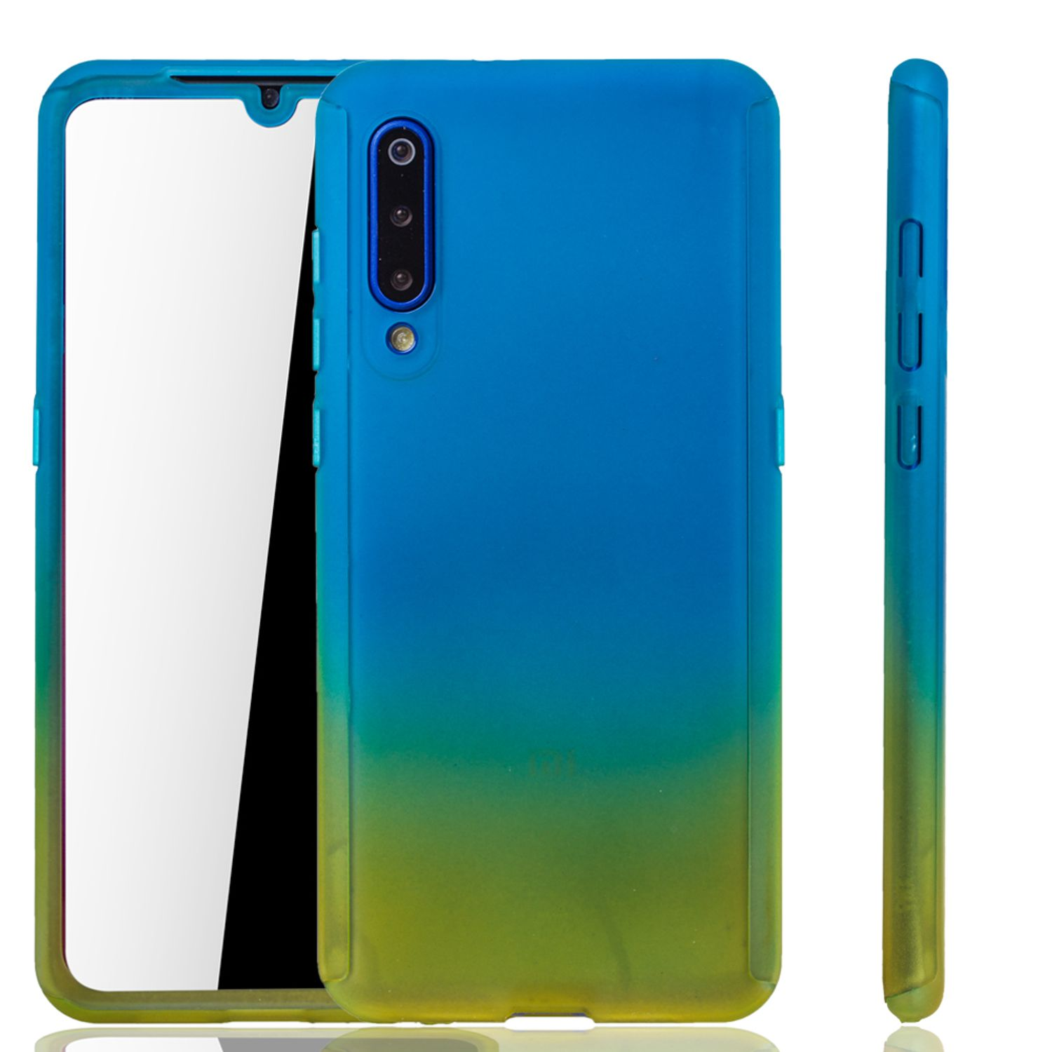 Blau-gelbes Farbverlaufs-Handycase mit dem Telefon im Inneren, aus mehreren Winkeln gezeigt.