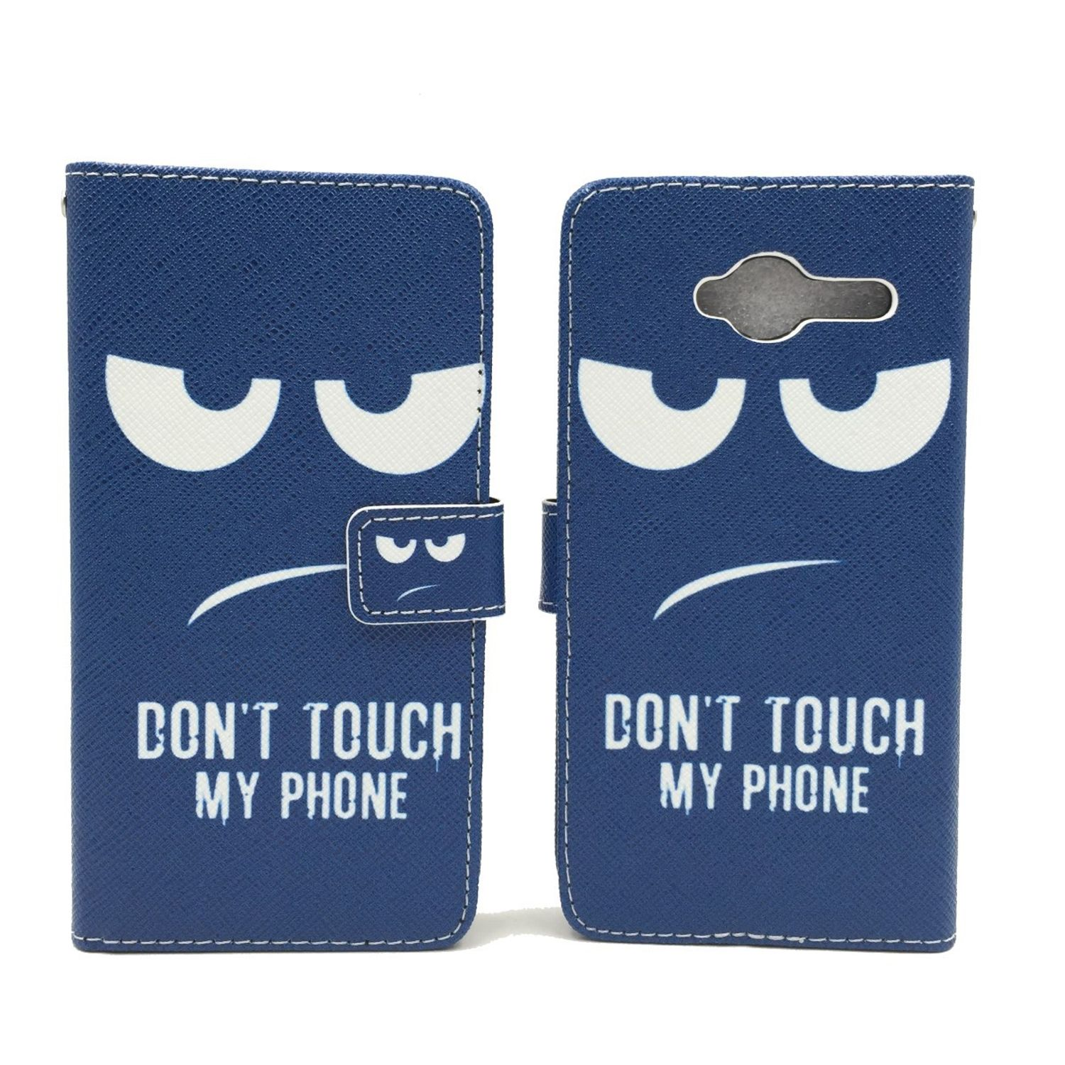 Handyhülle, 'DON'T TOUCH MY PHONE', blauer Hintergrund, böses Emoji.