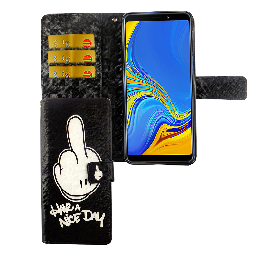 Schwarze Handyhülle mit weißer Handgrafik und Text 'Have a Nice Day'. Ein Telefon ist drin.