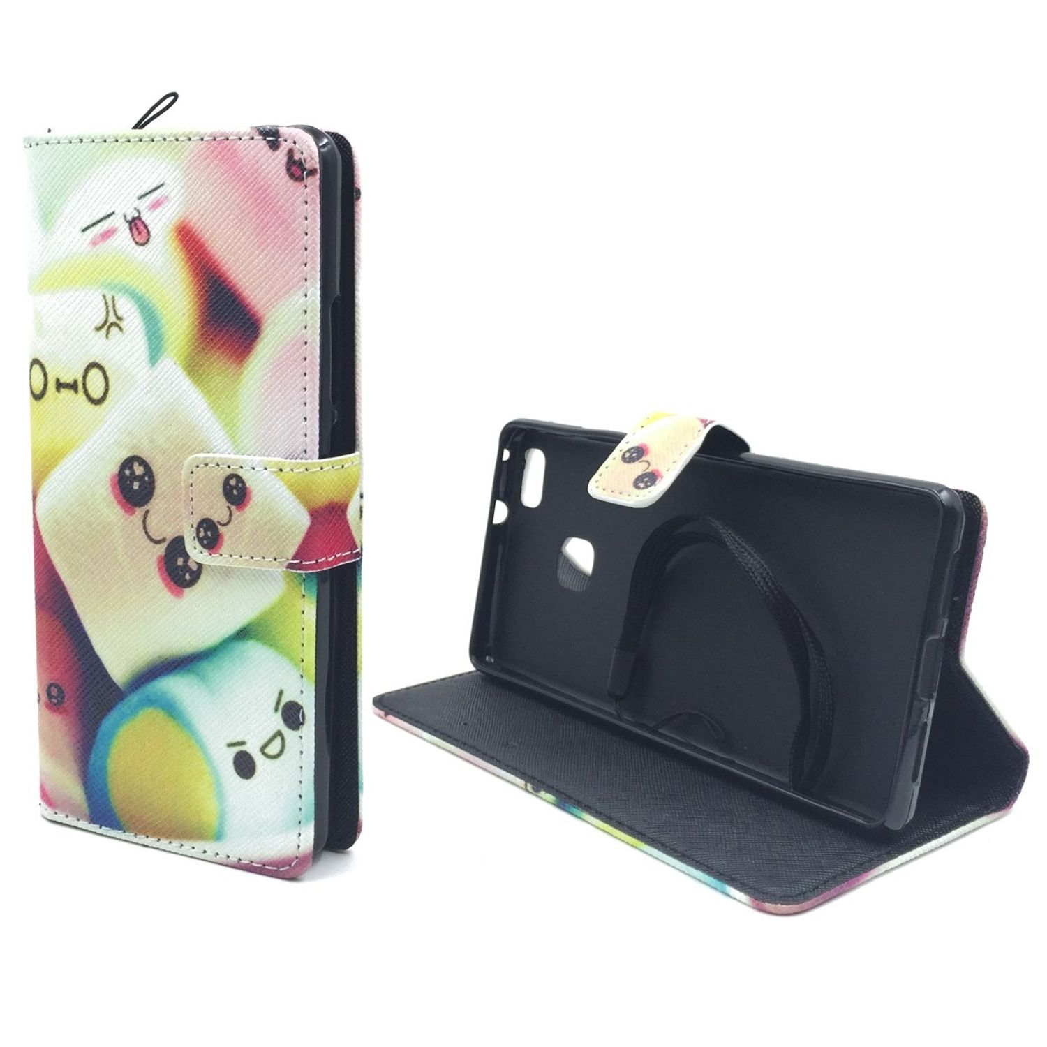Handyhülle mit Marshmallow-Design. Hülle ist offen. Telefon innen. Marshmallows auf der linken Seite.