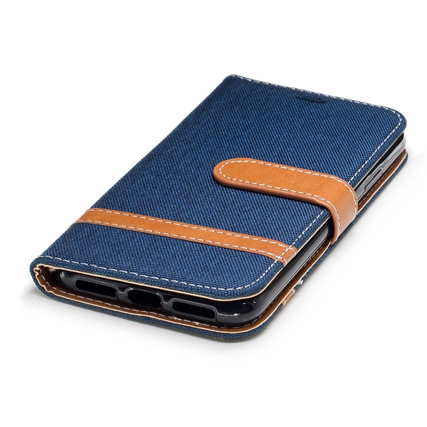 Blaue Jeans-Handyhülle mit einem braunen Lederriemen und weißen Nähten.