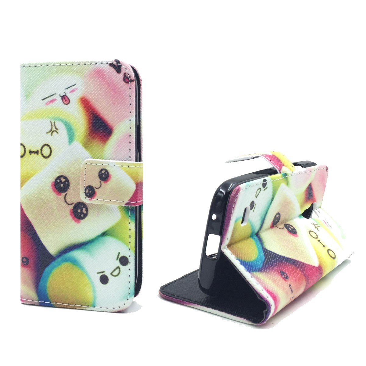 Handyhülle mit Marshmallow-Gesichtern. Farben sind Rosa, Grün und Blau. Weißer Hintergrund.