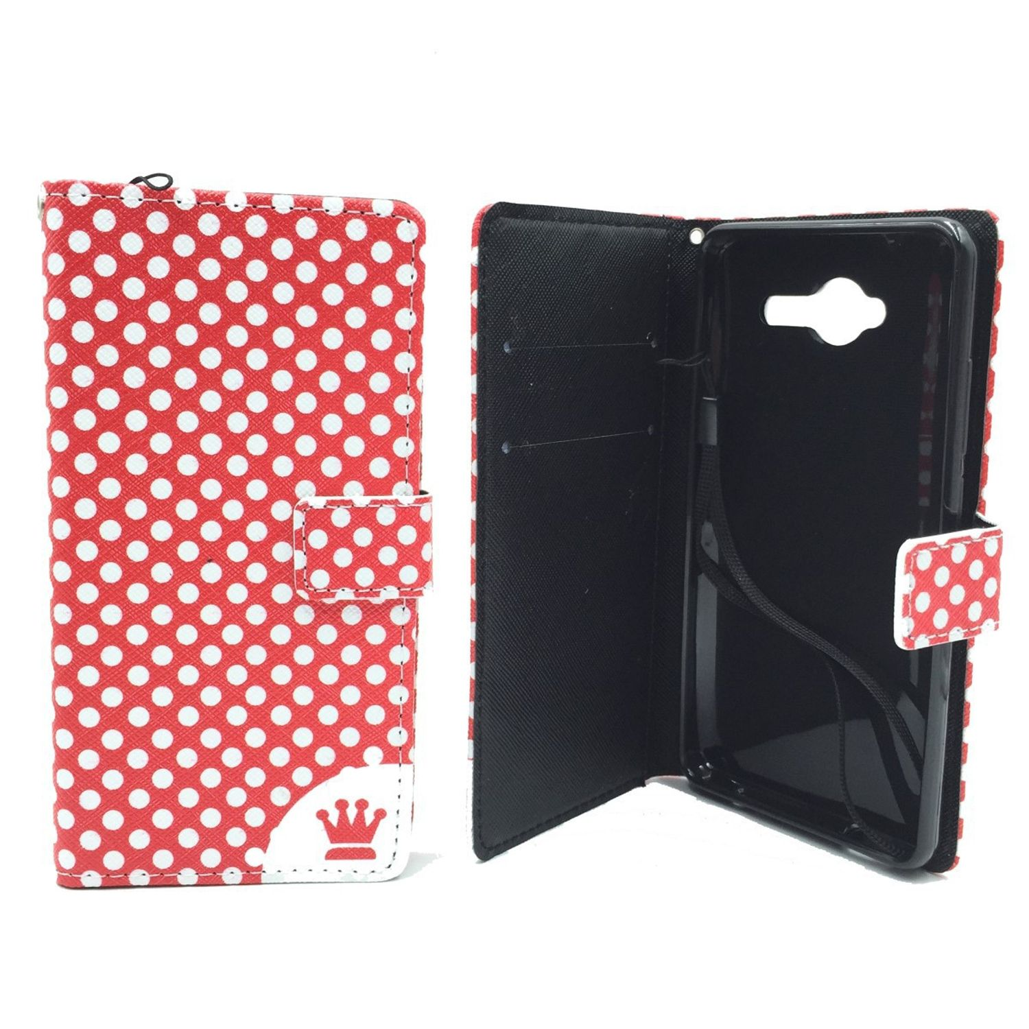 Rote Polka-Dot-Handyhülle, geöffnet, auf weißem Hintergrund. Sie hat ein Kronenlogo.
