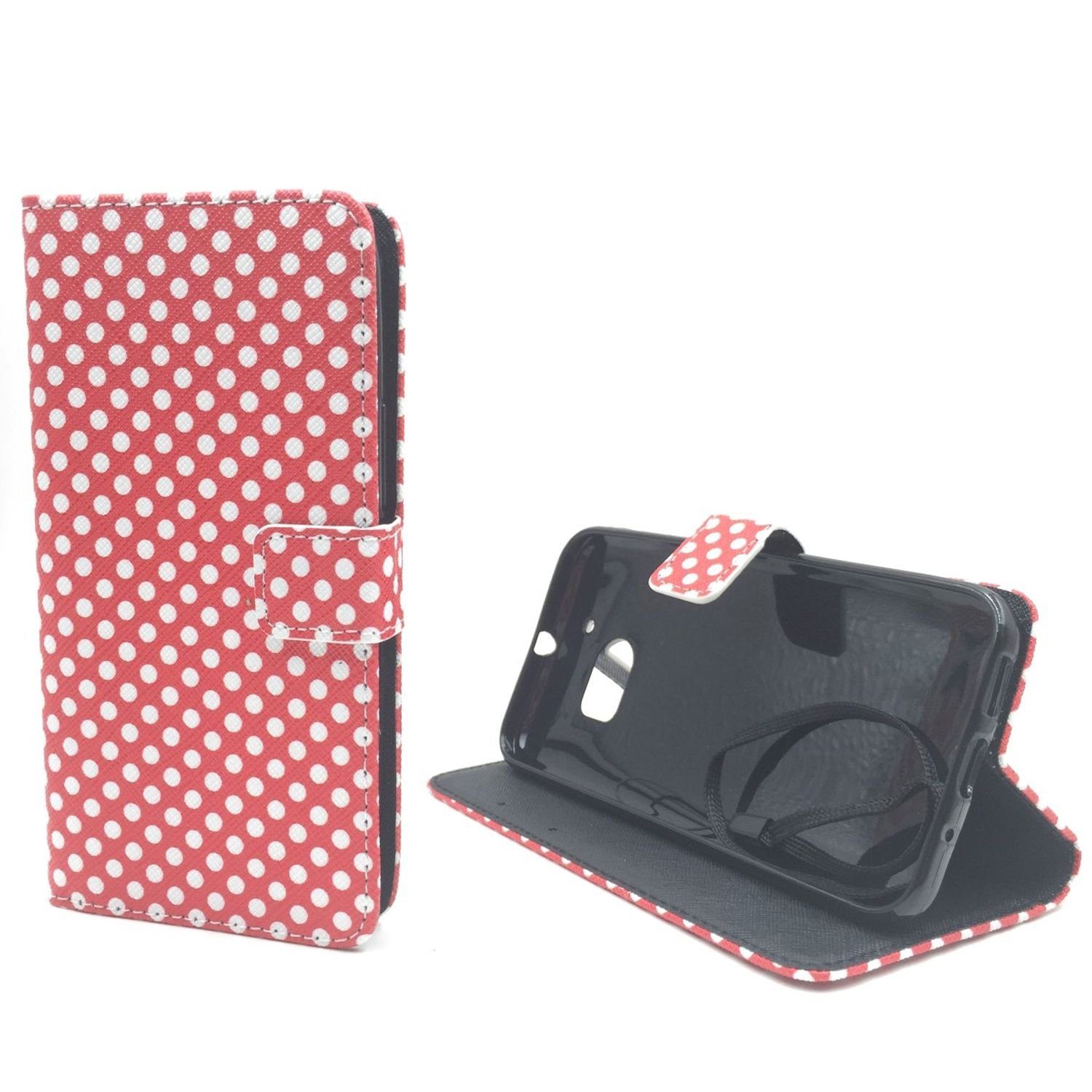 Rote Polka-Dot-Handyhülle. Geöffnet, um Telefon anzuzeigen. Weißer Hintergrund.
