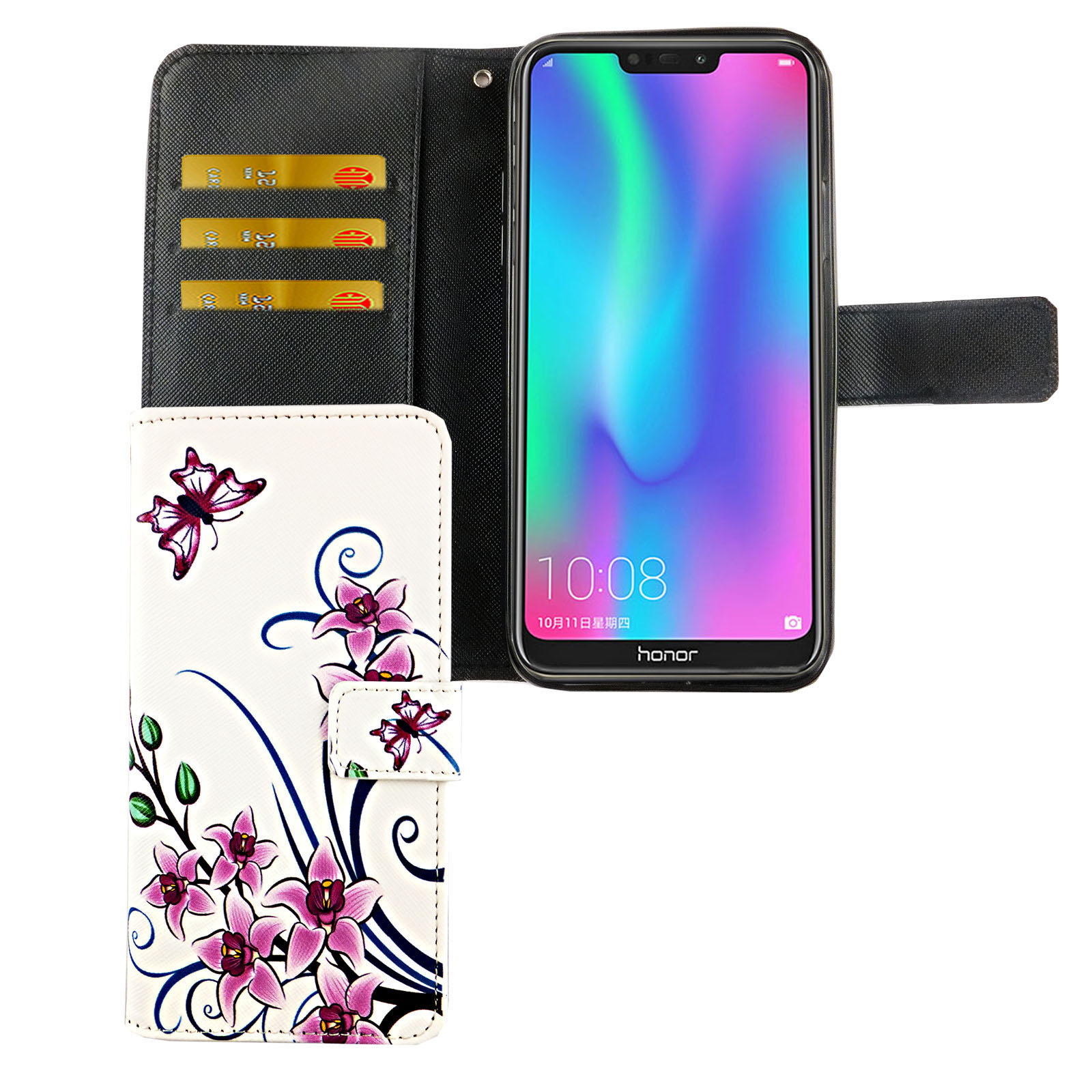 Weiße Handyhülle mit Blumen. Telefon offen. Telefon in schwarzer Hülle. Weißer Hintergrund.