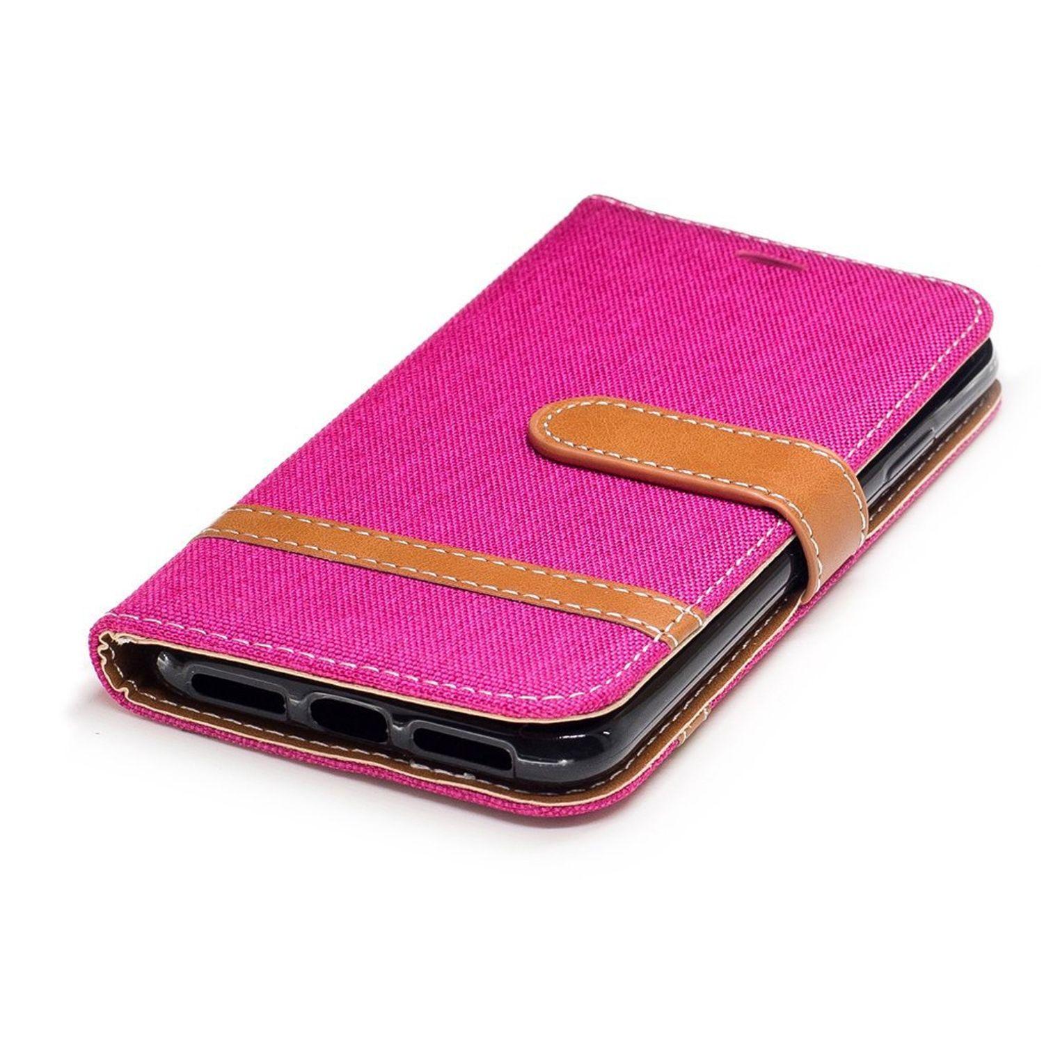 Eine pinkfarbene Handyhülle mit braunem Riemen. Die Handyhülle ist geschlossen. Weißer Hintergrund.