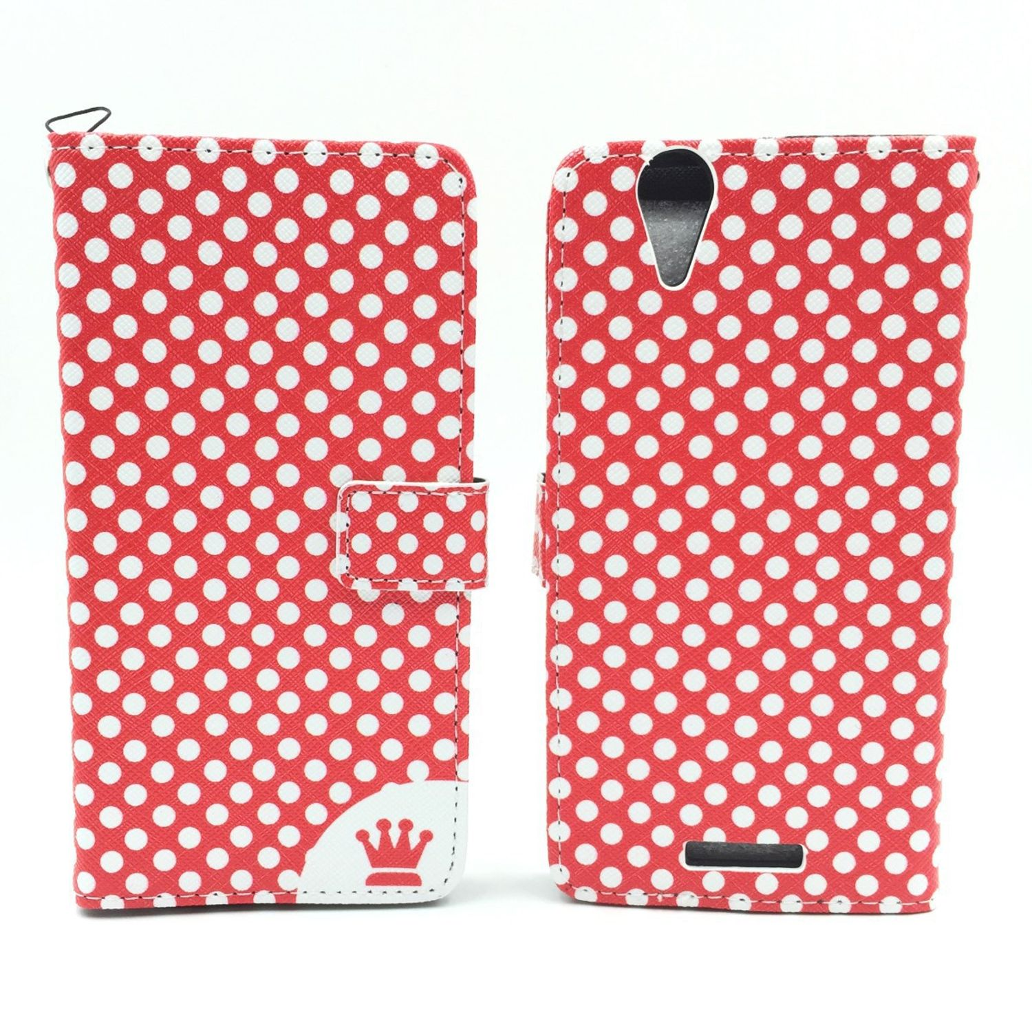 Rote Handyhülle mit weißen Polka-Dots. Hülle ist offen, mit Kronenlogo unten.