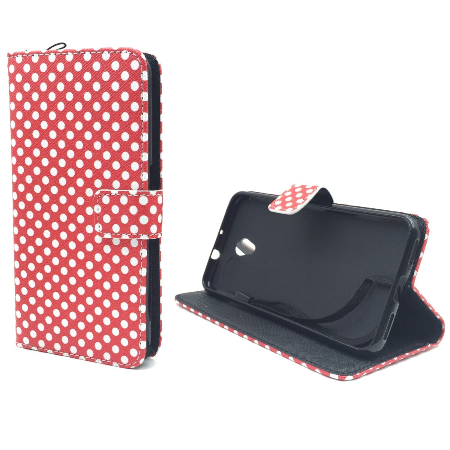 Rote Polka-Dot-Handyhülle. Geöffnet, um Telefon anzuzeigen. Weißer Hintergrund.