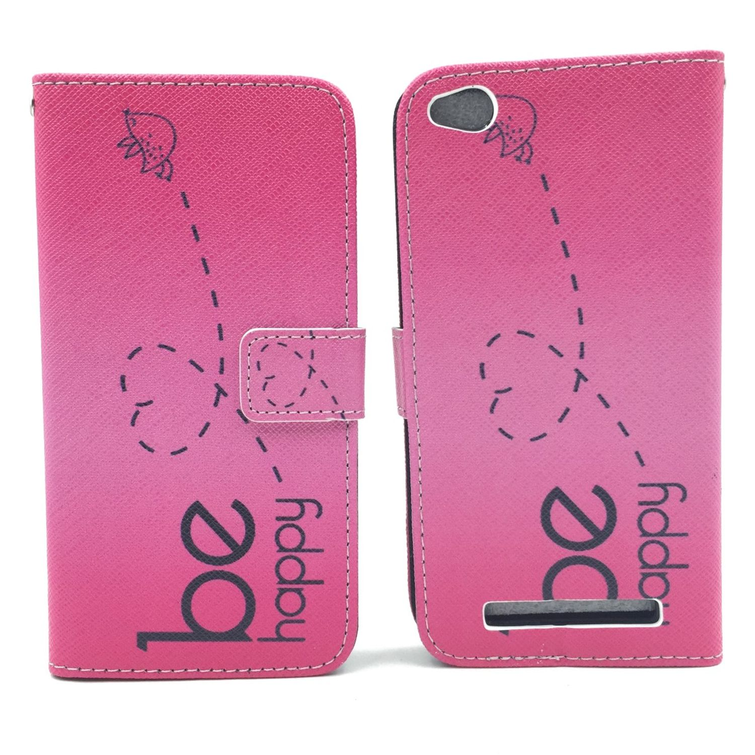 Rosa Handyhülle mit Biene und 'be happy' Text. Rechts: Telefon innen, offen.