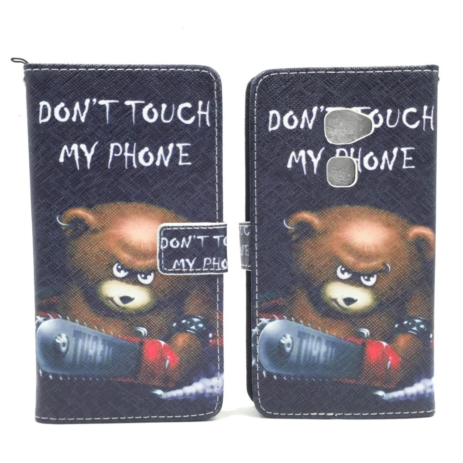 Eine offene Handyhülle mit einem Bären-Design mit der Aufschrift 'DON'T TOUCH MY PHONE'.
