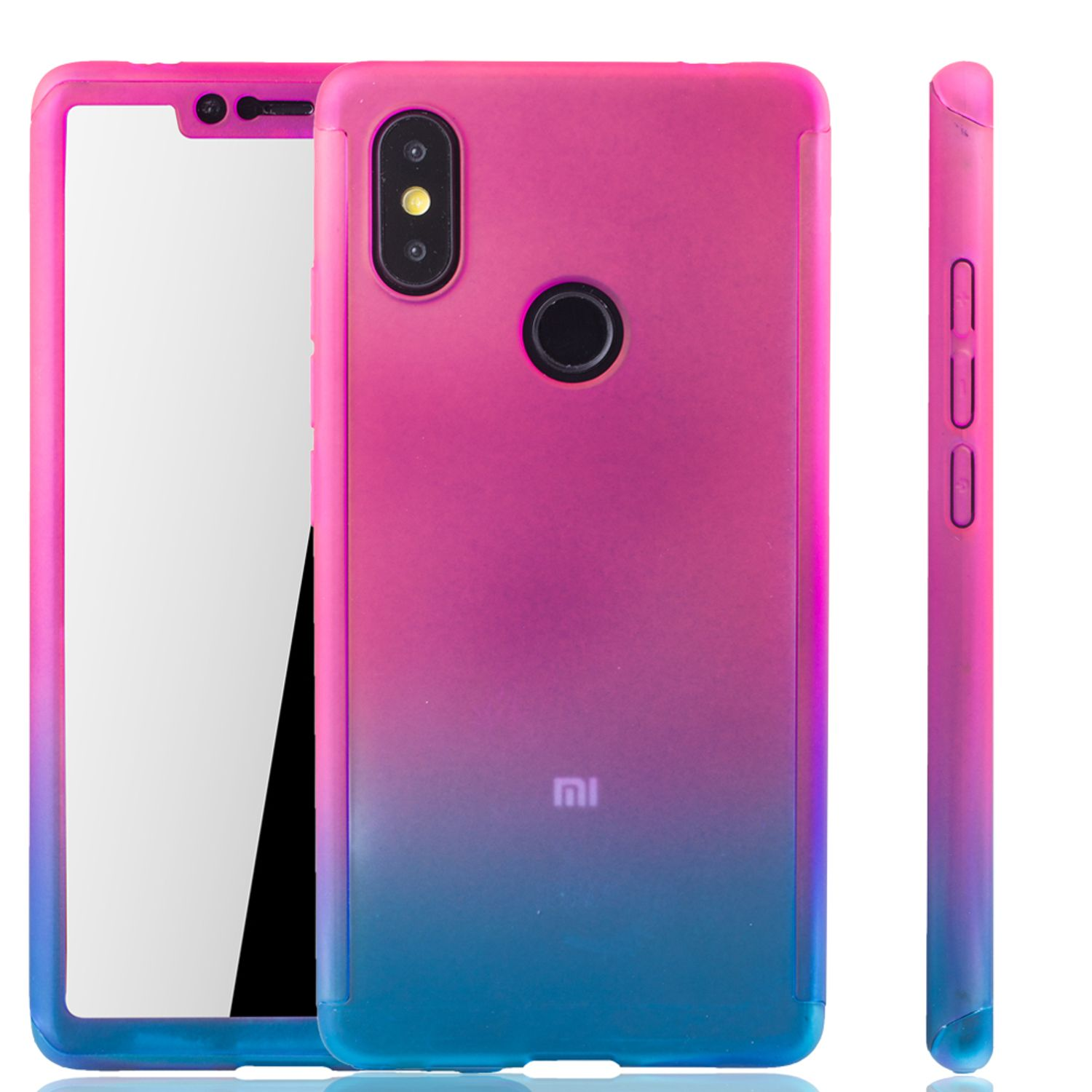 Pink-blauer Farbverlauf-Handyhülle mit sichtbar werdendem Telefonbildschirm.