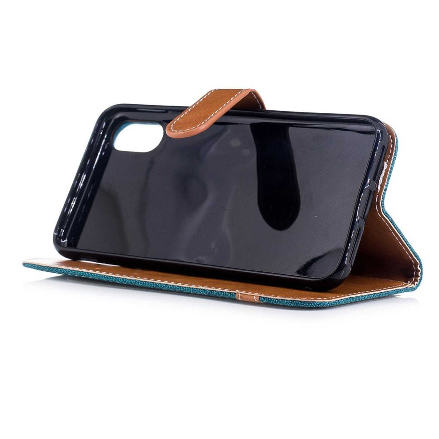 Handyhülle, zeigt ein Telefon darin. Die Hülle ist offen, mit einem braunen und tealfarbenen Design.