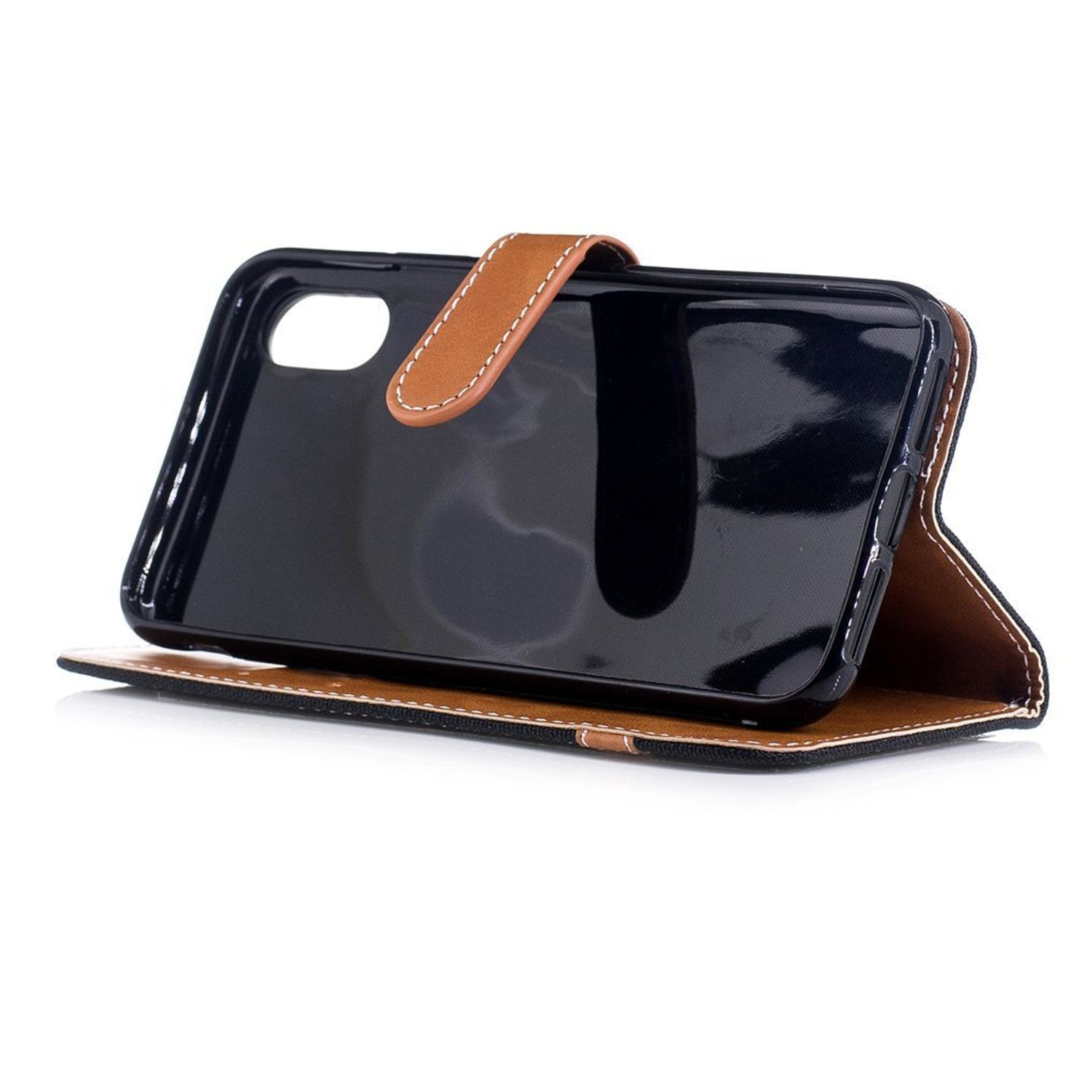Schwarzes Telefon in brauner Leder-Flip-Hülle, geöffnet. Weiße Nähte und brauner Akzent.