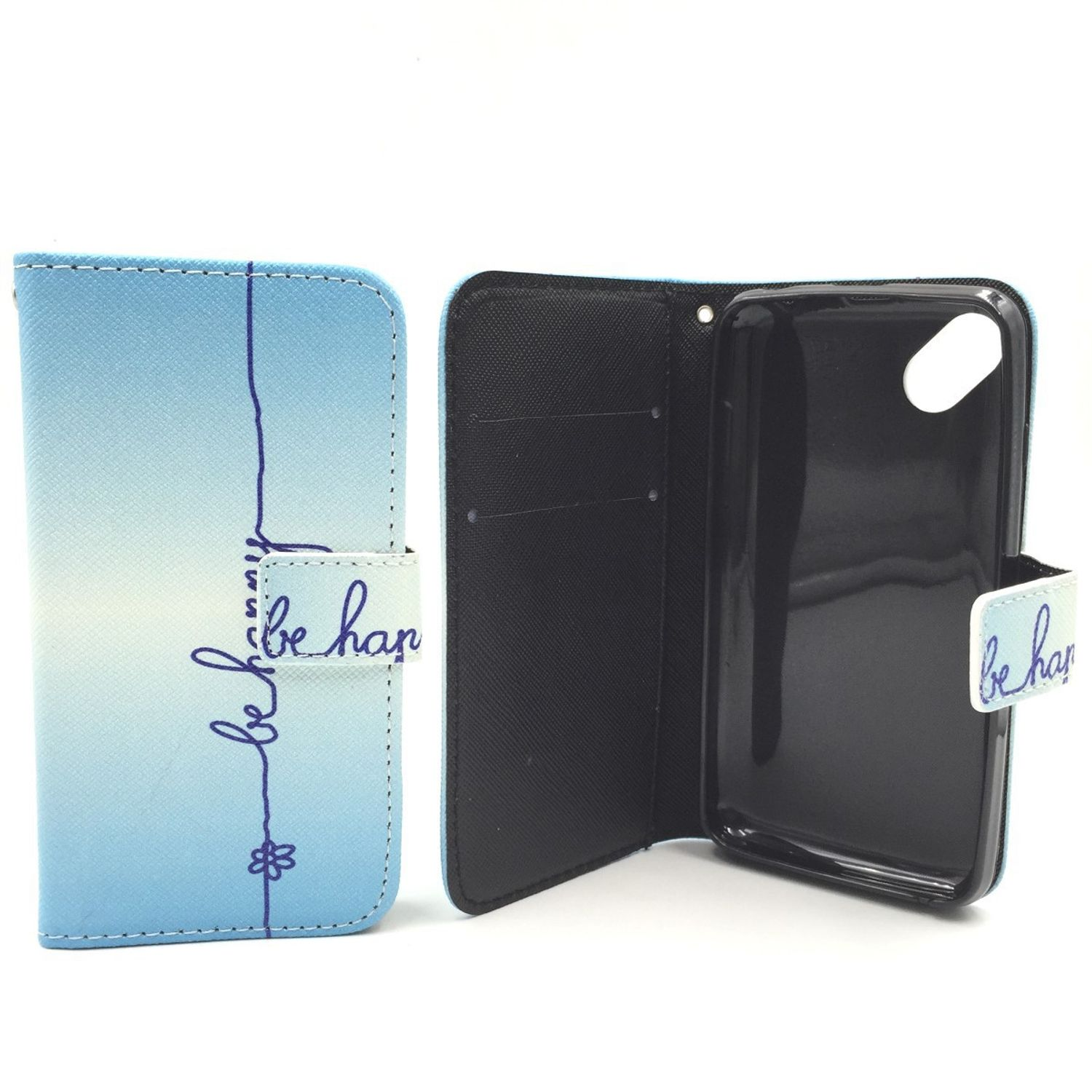 Blaue Handyhülle mit "be happy". Hülle geschlossen und offen. Schwarze Innenseite.