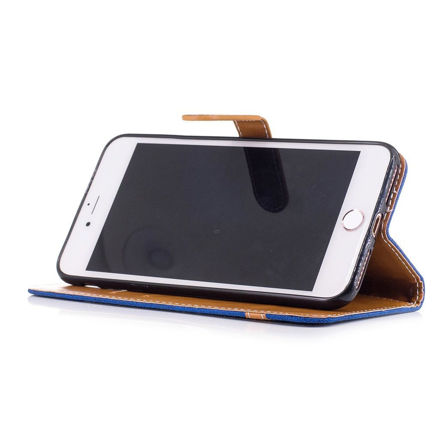 Ein weißes Smartphone in einer blauen und braunen Hülle, offen. Der Bildschirm ist leer.
