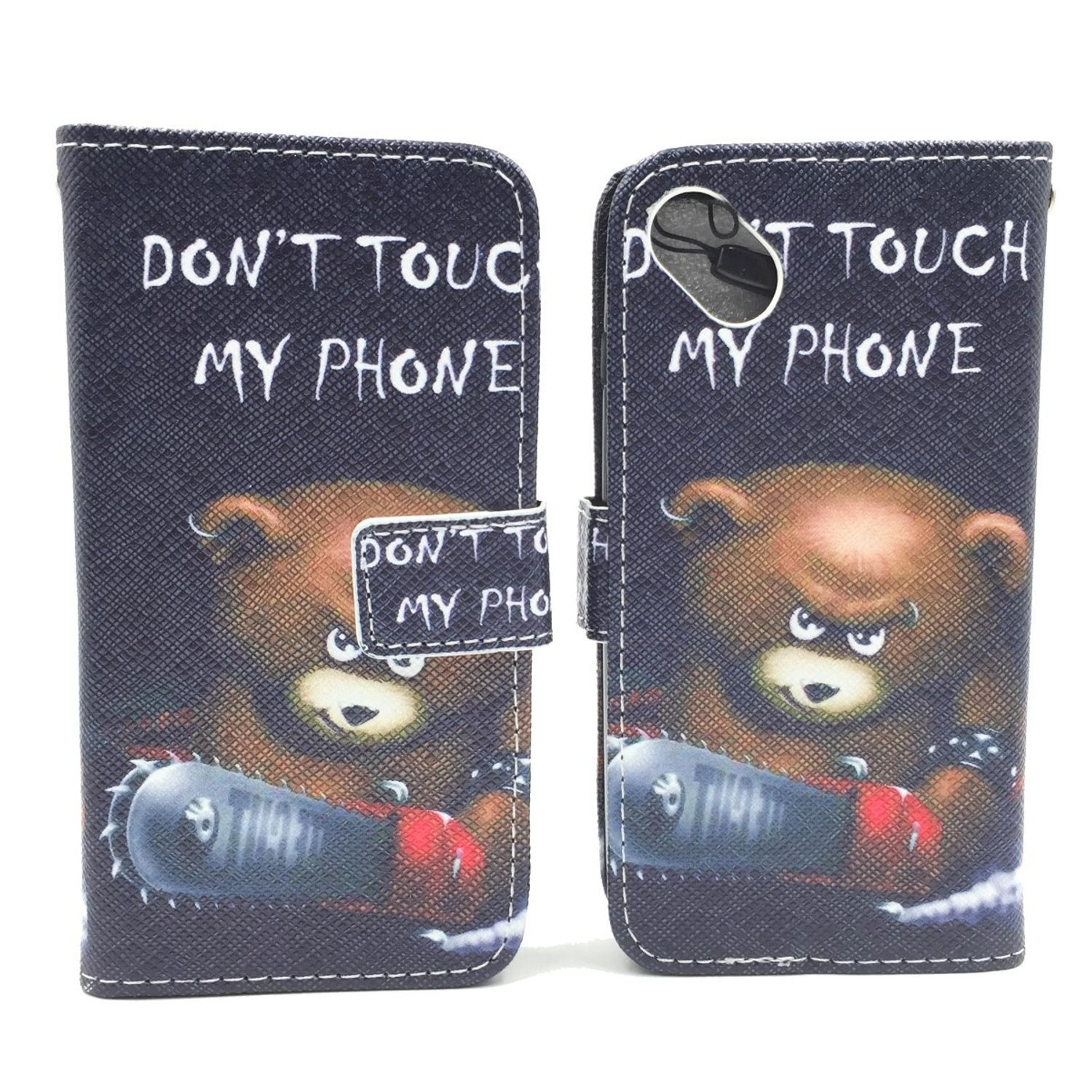 Schwarze Handyhülle mit einem Bären, der eine Kettensäge hält, und den Worten "DON'T TOUCH MY PHONE" darauf.