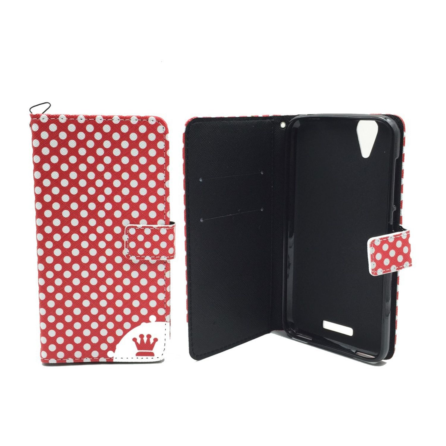 Rote Polka-Dot-Handyhülle, geöffnet, um ein Telefon zu zeigen. Weißer Hintergrund.