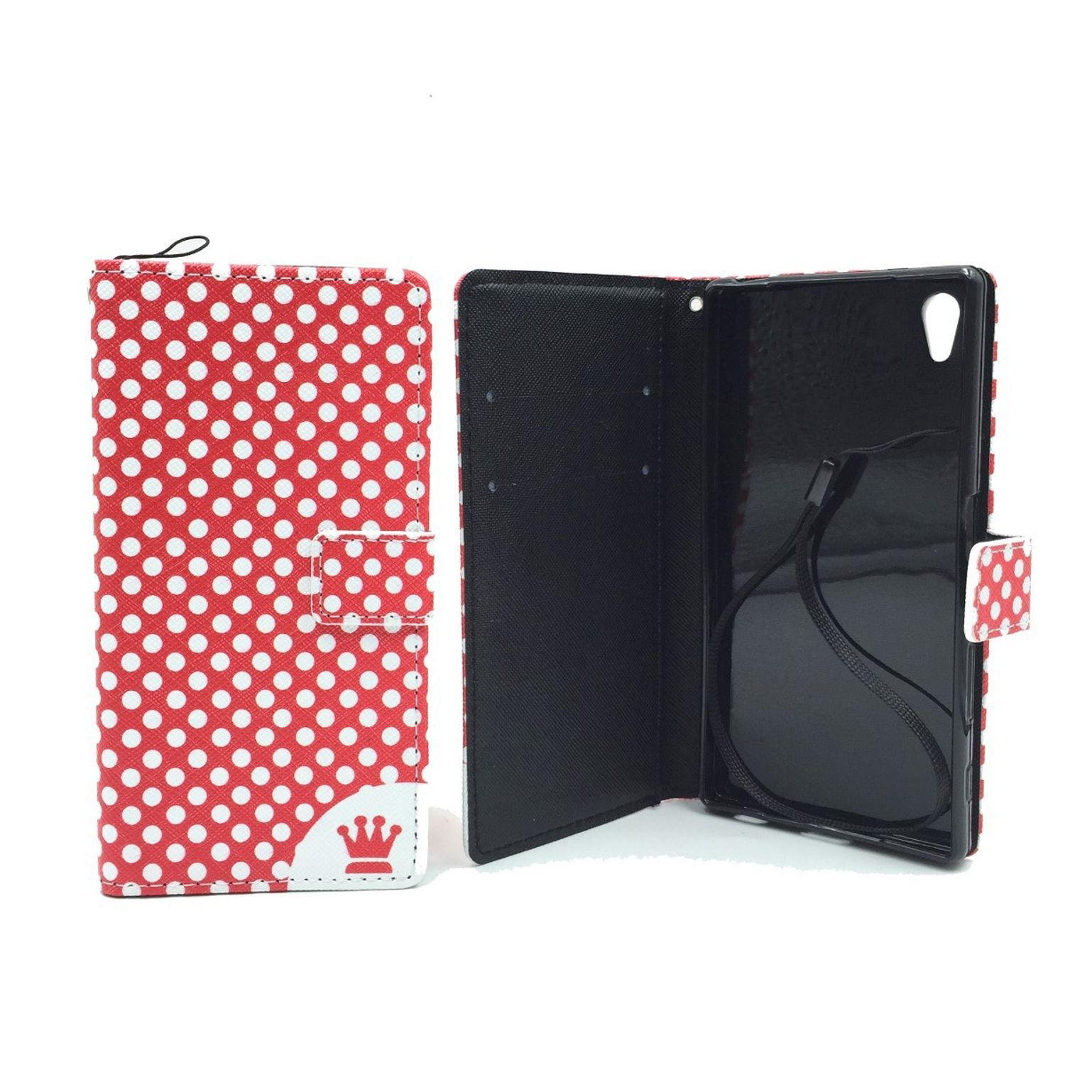Rotes und weißes Polka-Dot-Handycase. Geöffnet, mit schwarzem Innenraum und rotem Punktband.